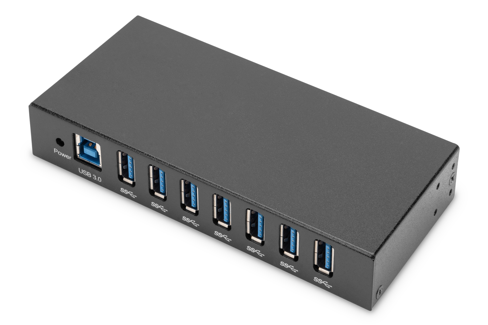 Hub USB 3.0 nero con più porte. La parola 'Power' e il logo USB 3.0 sono visibili.