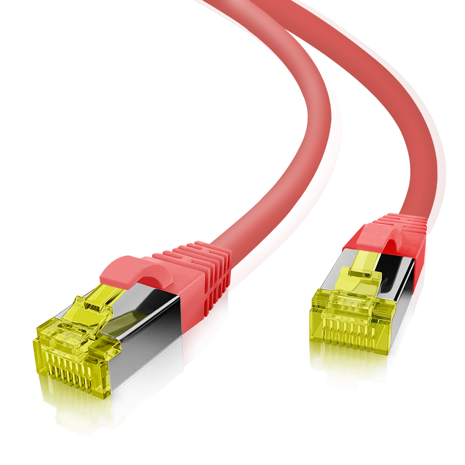 Due cavi Ethernet rossi con connettori gialli su sfondo bianco.