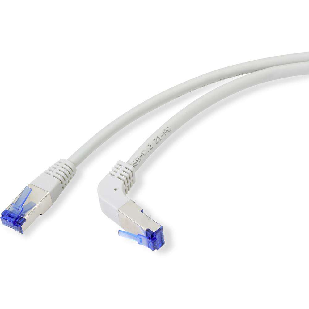 Due cavi Ethernet bianchi con connettori blu. Connettori in metallo argentato. Sfondo bianco.