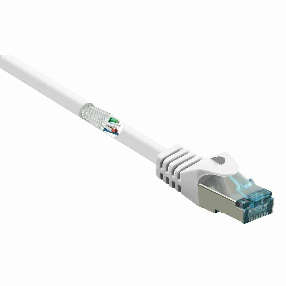 Cavo di rete bianco con un connettore blu. Il cavo è tagliato per mostrare i fili interni. Sfondo bianco.