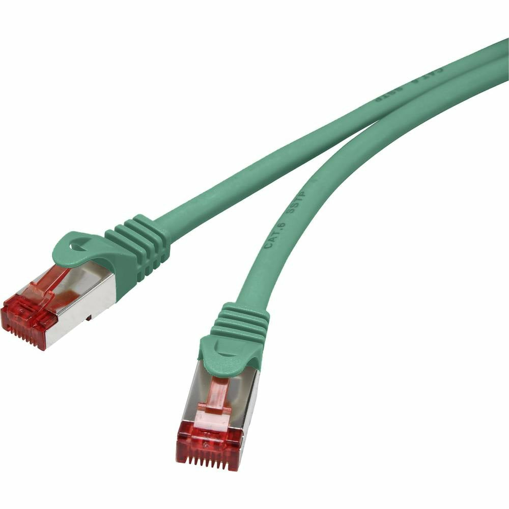 Cavo Ethernet verde con connettori rossi. I connettori sono visibili, sfondo bianco semplice.