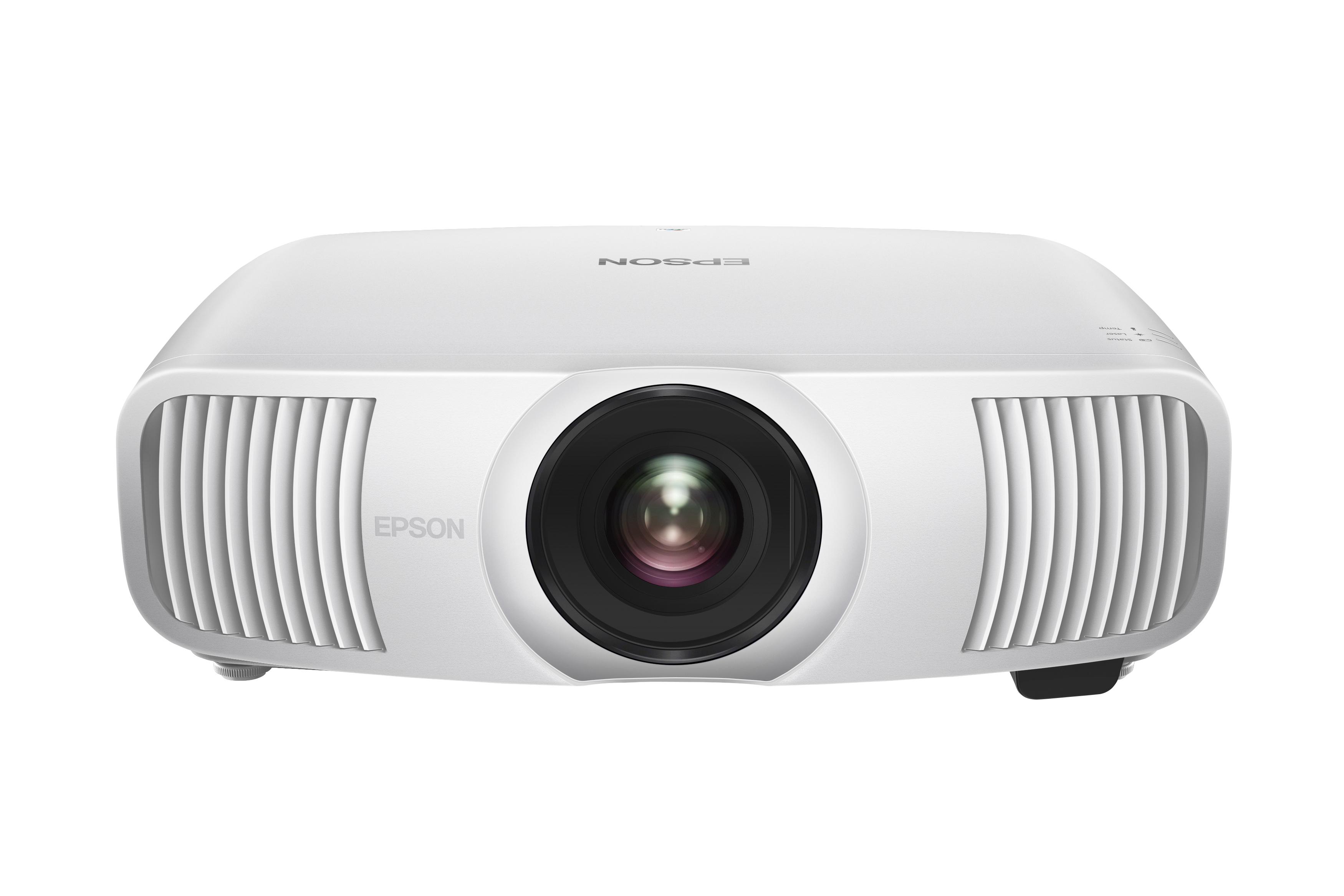Proiettore Epson bianco, vista frontale. L'obiettivo è visibile con il marchio.