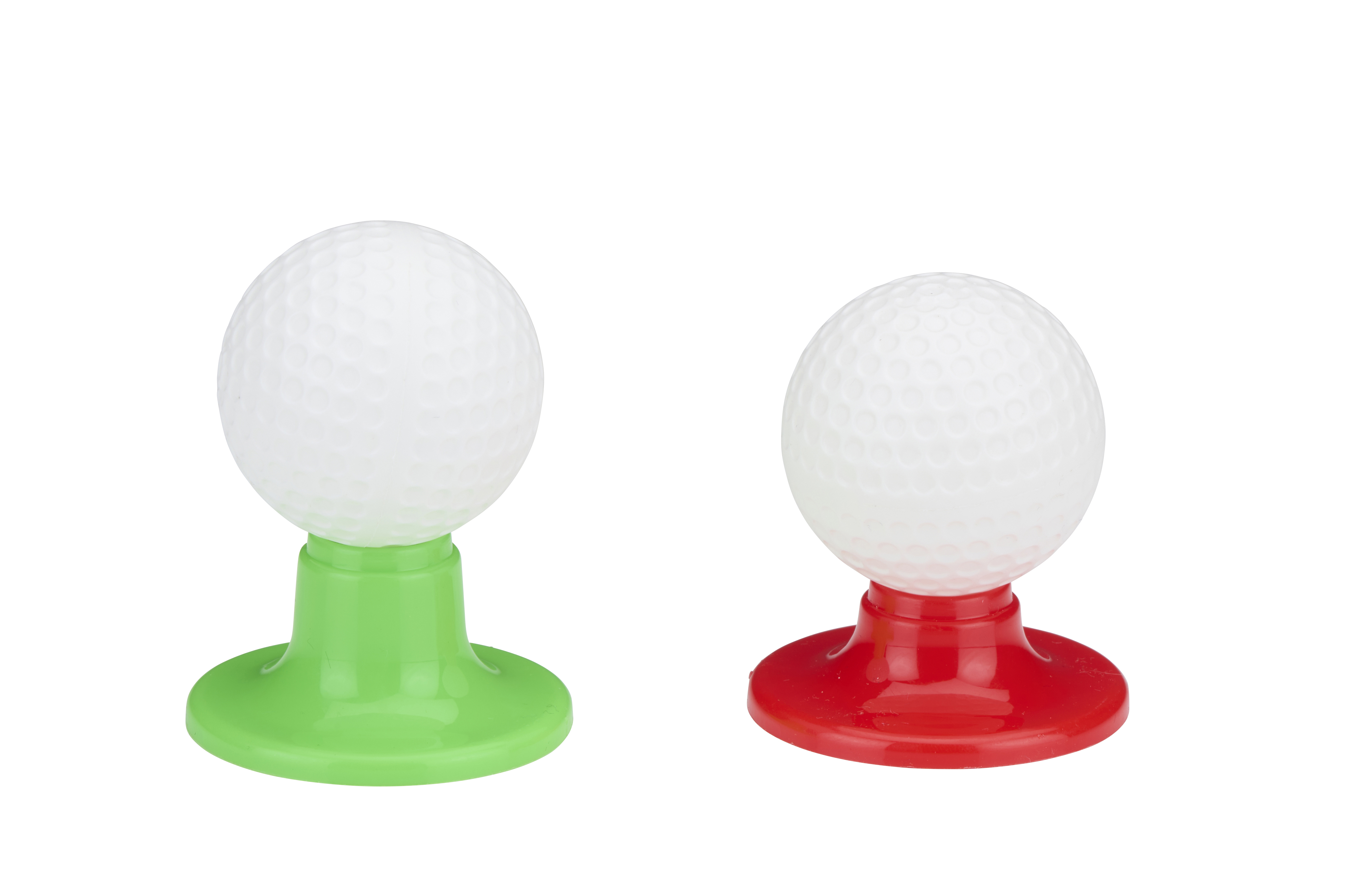 Two golf balls on tees. One is green, the other is red. White background.