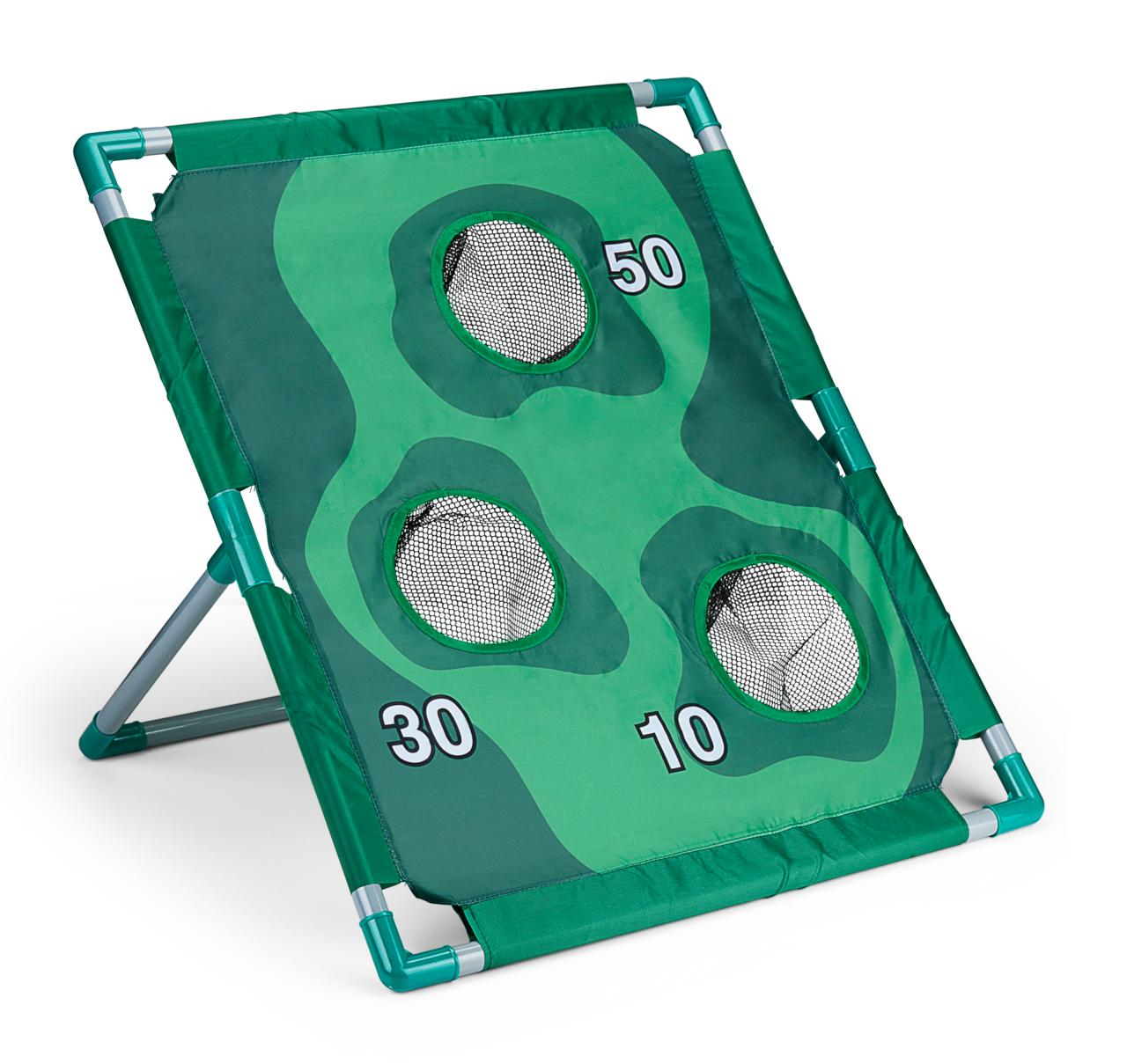 Green and white beanbag target with three holes and numbers, on a white background.