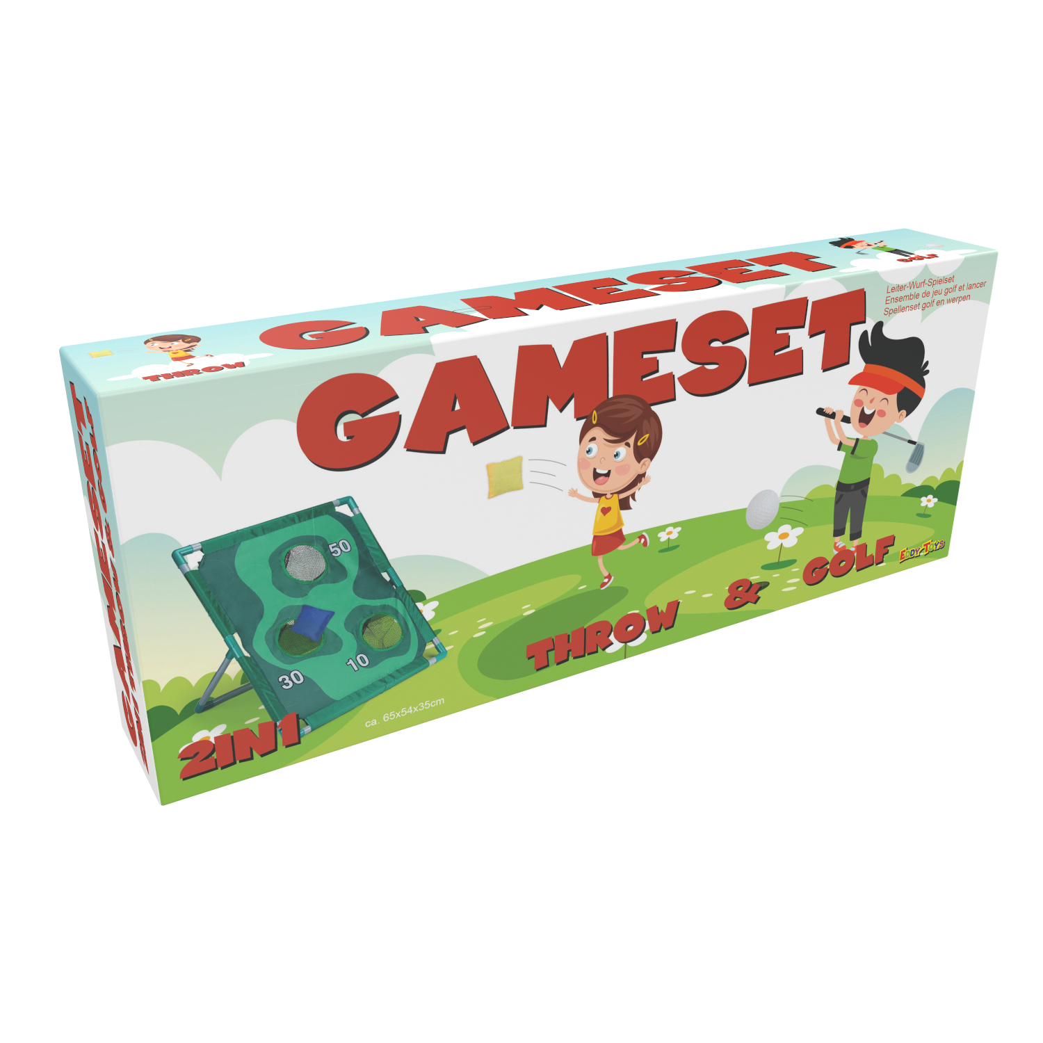 A gameset box with the text GAMESET, and images of kids playing golf and a bean bag game.