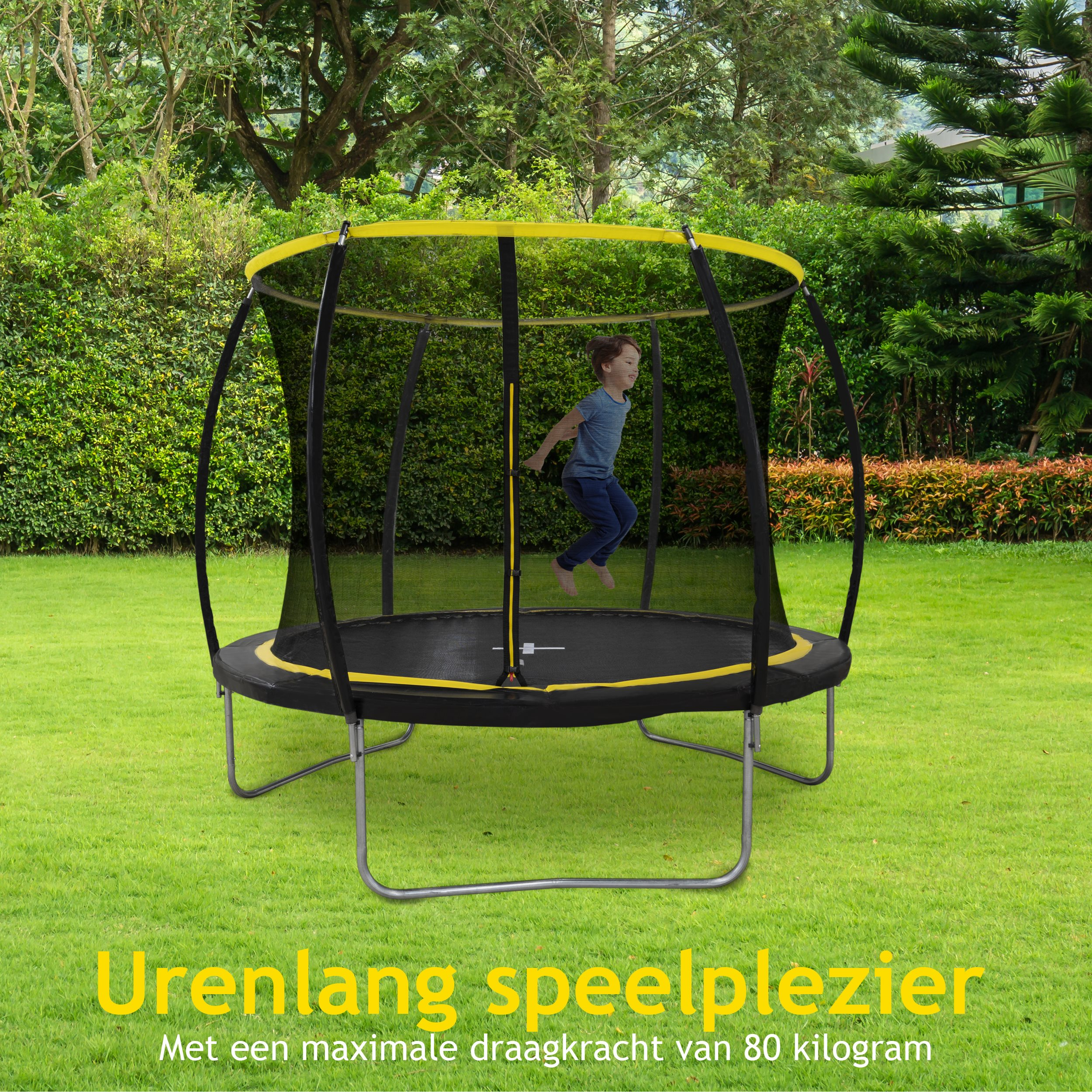 Enfant sautant sur un trampoline noir et jaune dans une cour herbeuse, avec texte en néerlandais.