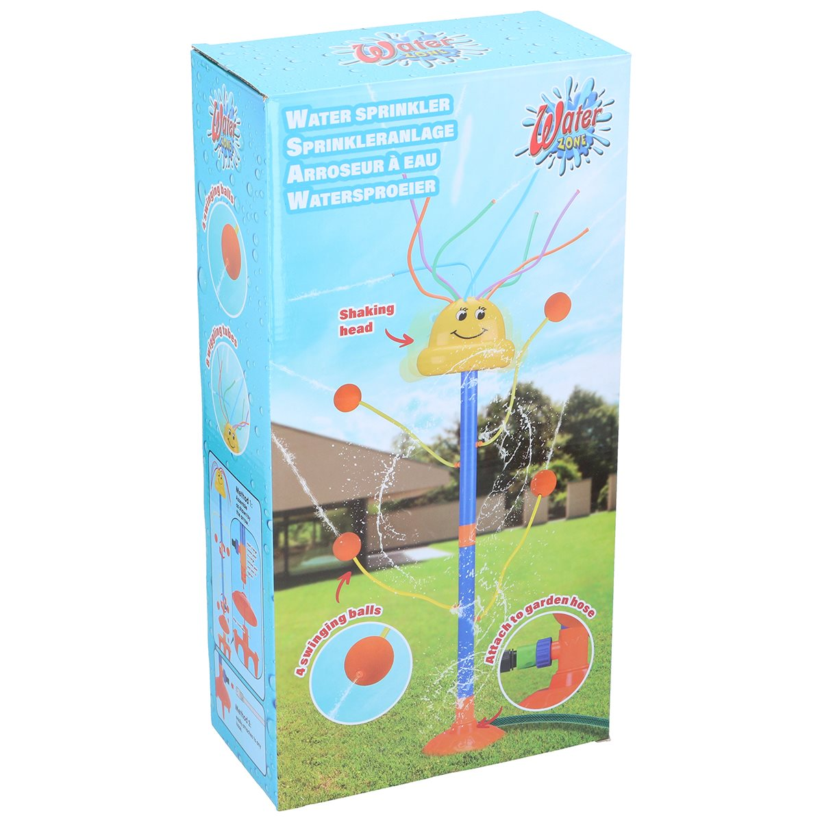 A boxed water sprinkler for a lawn, on a white background.