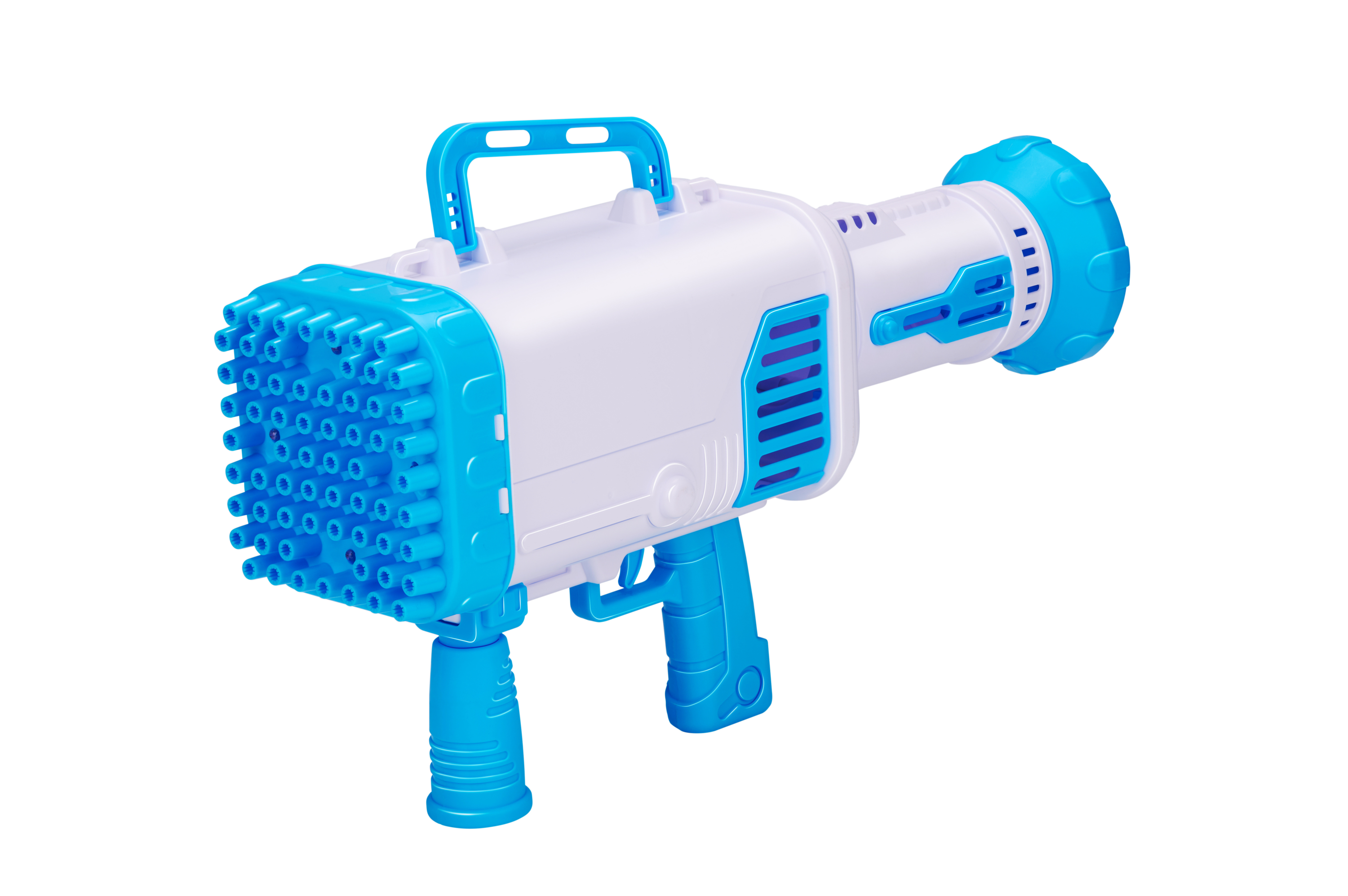 White and blue bubble gun toy, front view with many bubble outlets.