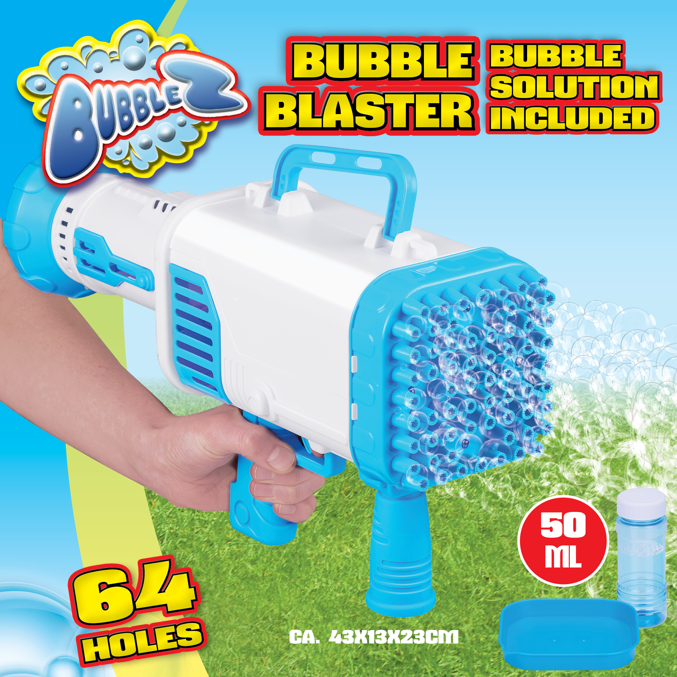 A bubble blaster toy with a blue and white design, and bubble solution.