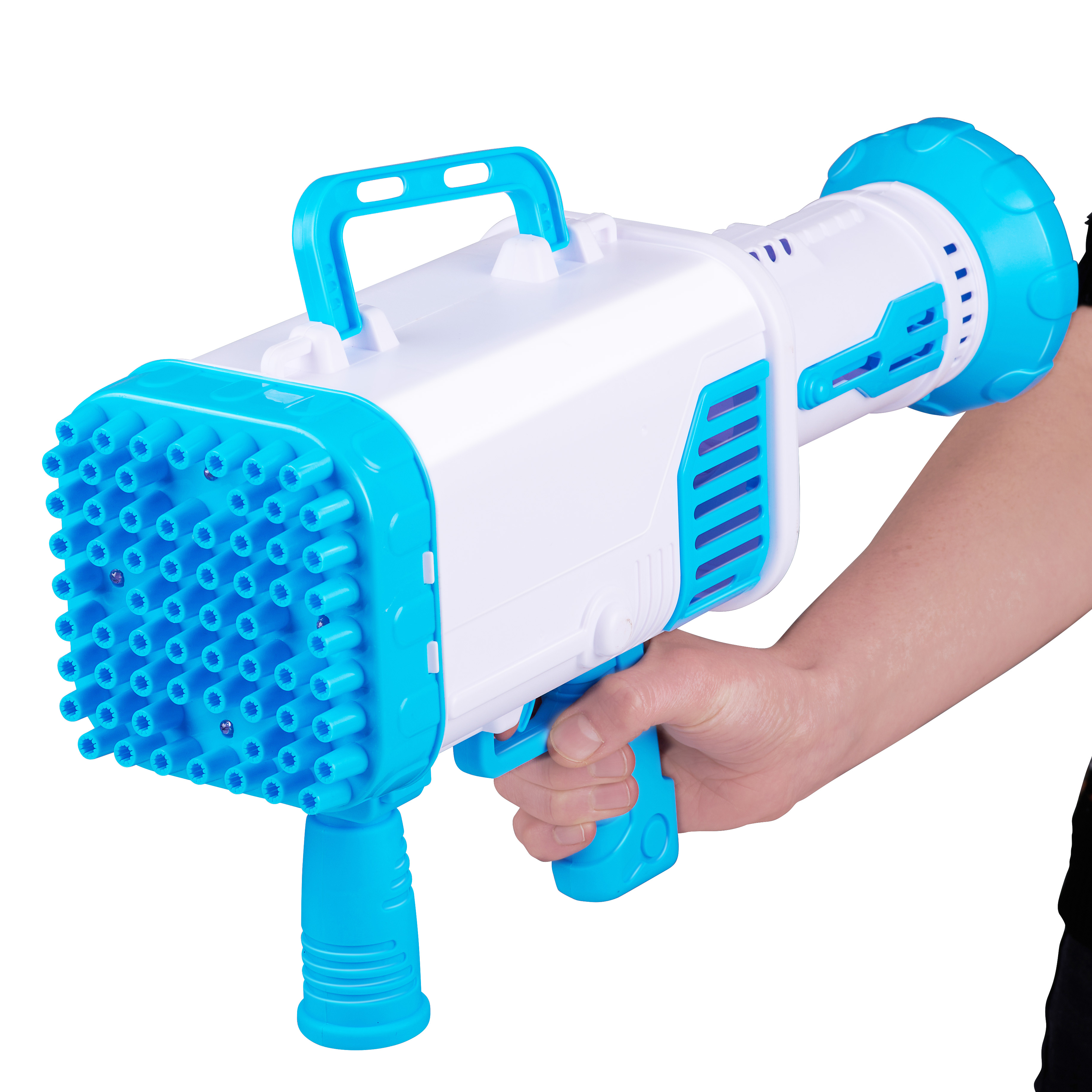 A white and blue bubble gun is being held by a person. White background.