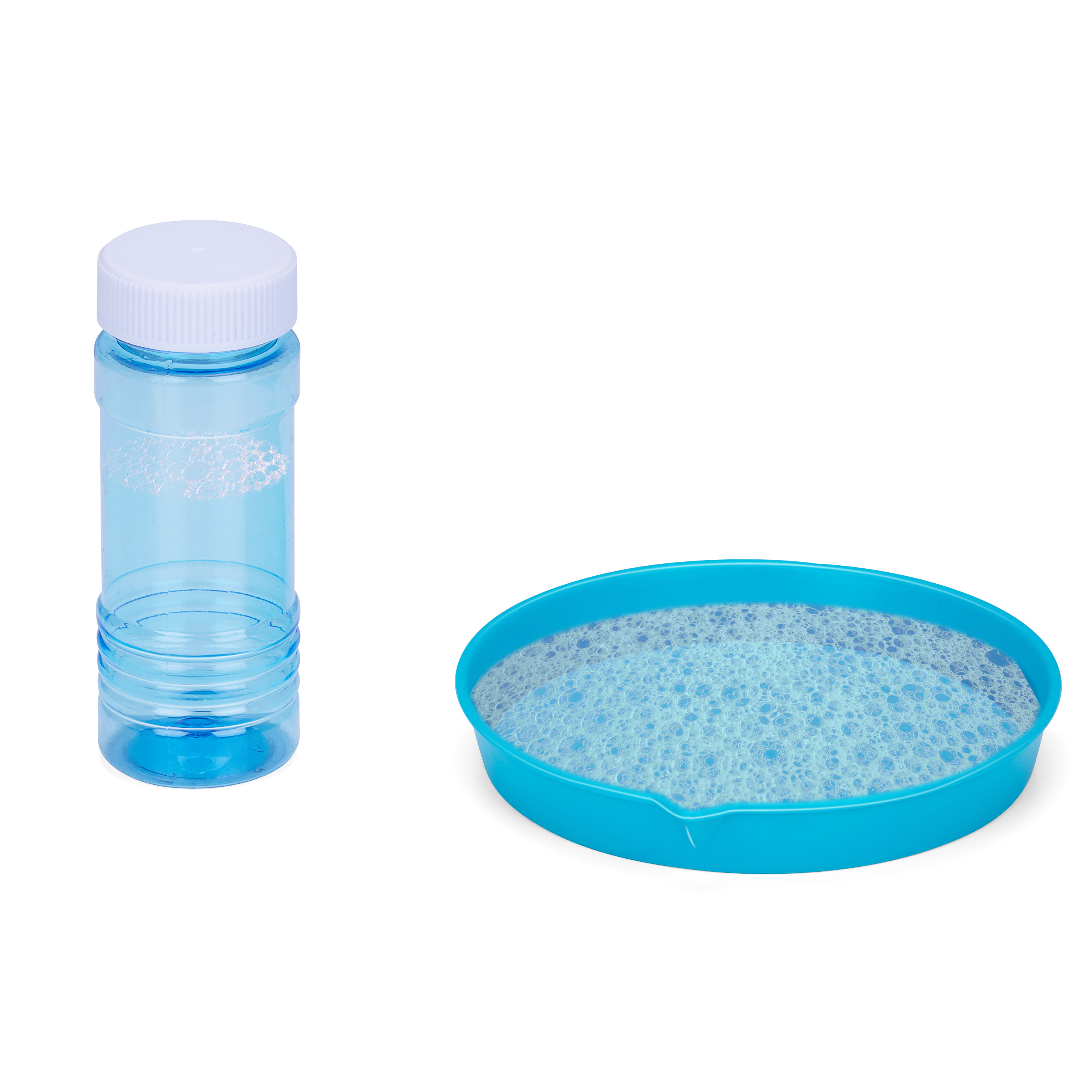 A blue bubble bottle with a white cap and a blue bubble tray with bubbles.