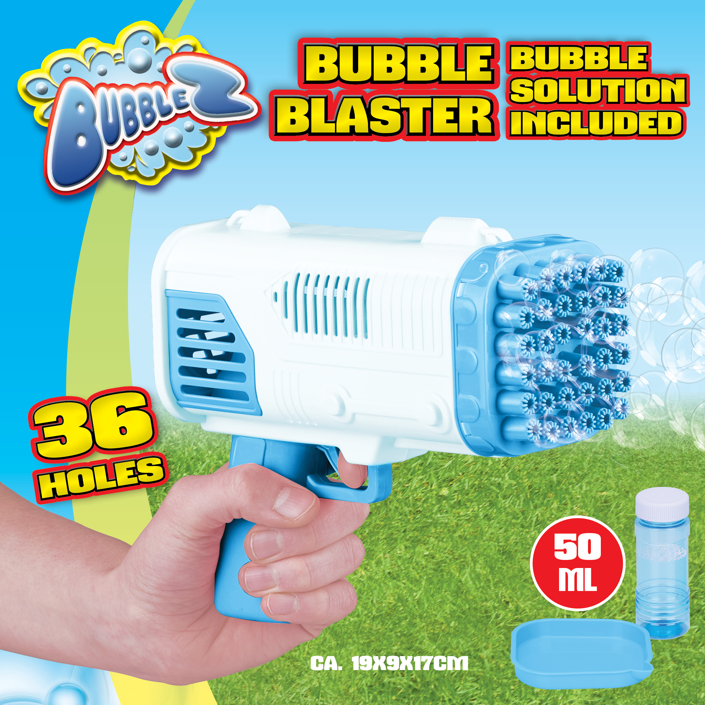 A bubble gun is held by a hand. Blue and white, it has a bubble solution and a tray.