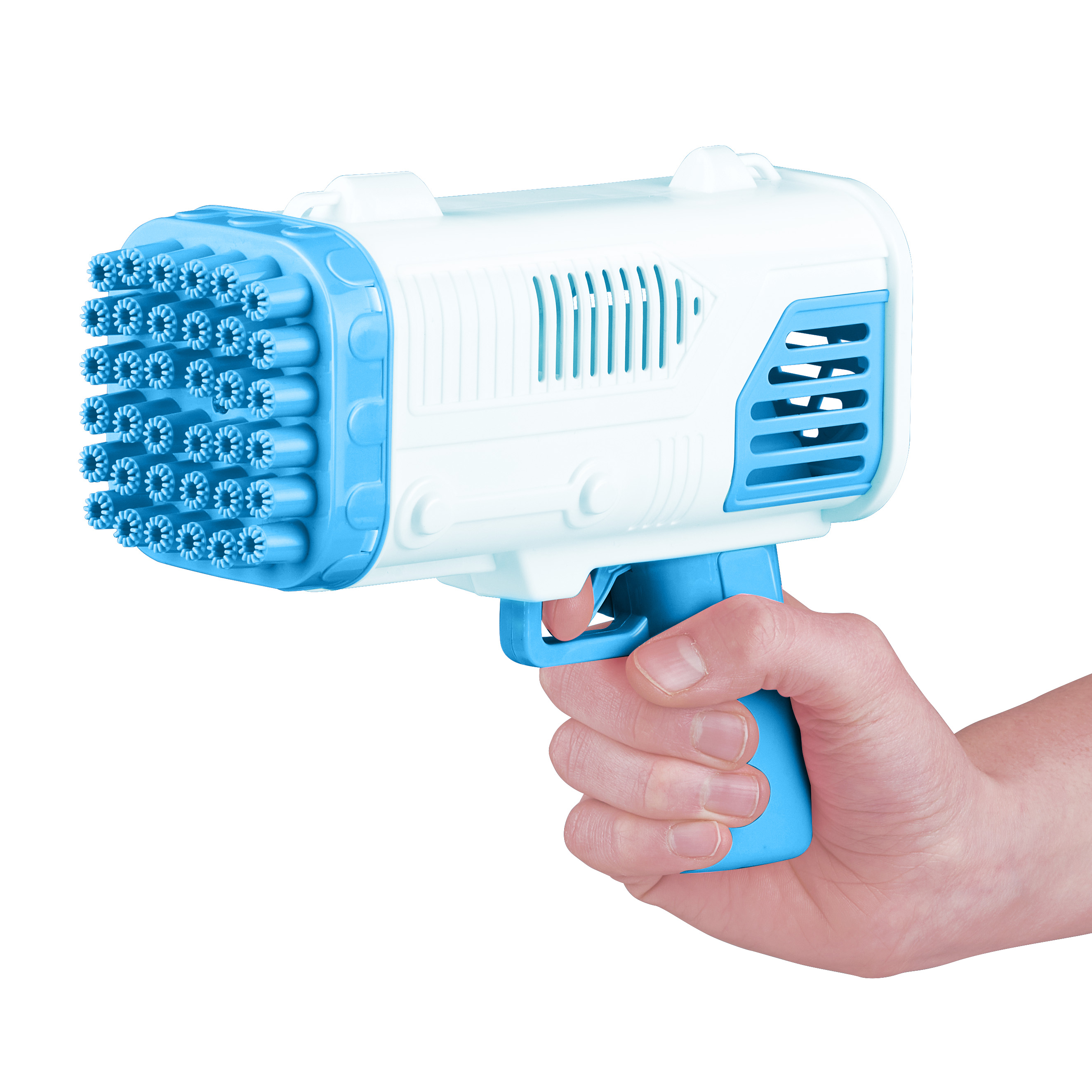A white and blue bubble gun is held by a hand against a white background. The gun has multiple nozzles.