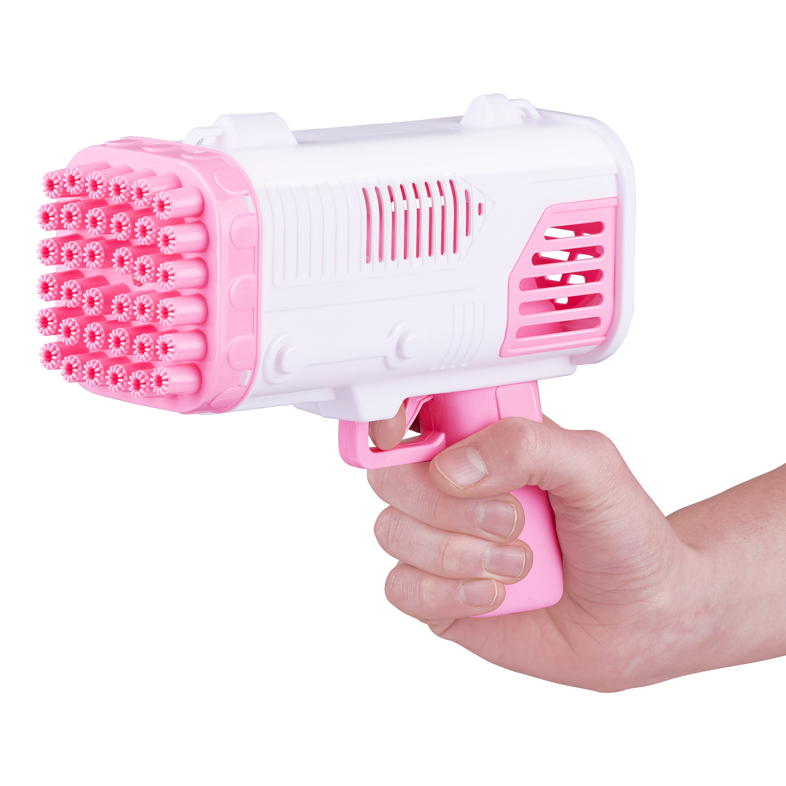 Pink and white bubble gun held by a hand. A white background.