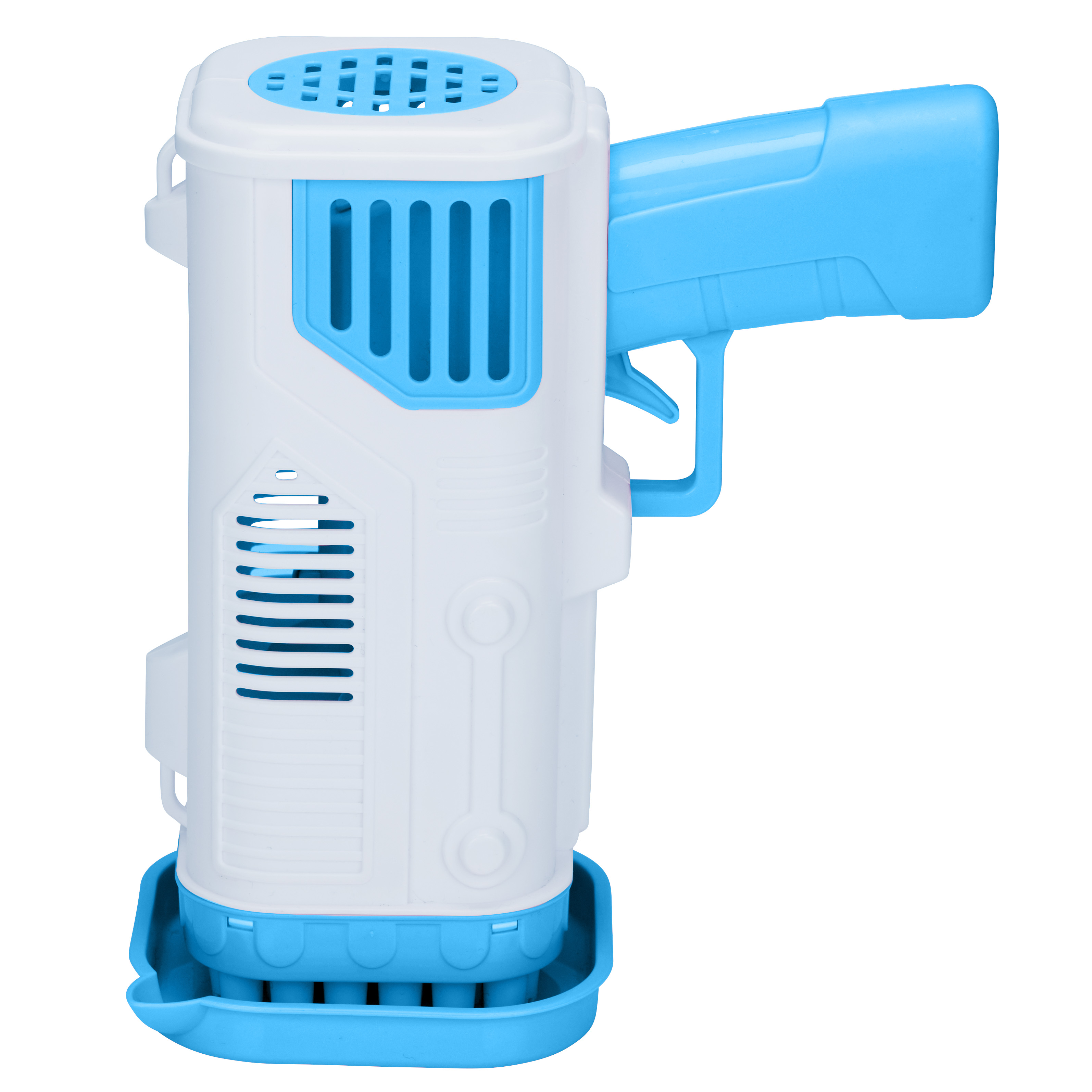 White and blue toy bubble gun. Features air vents, a handle, and a small tray on the bottom.