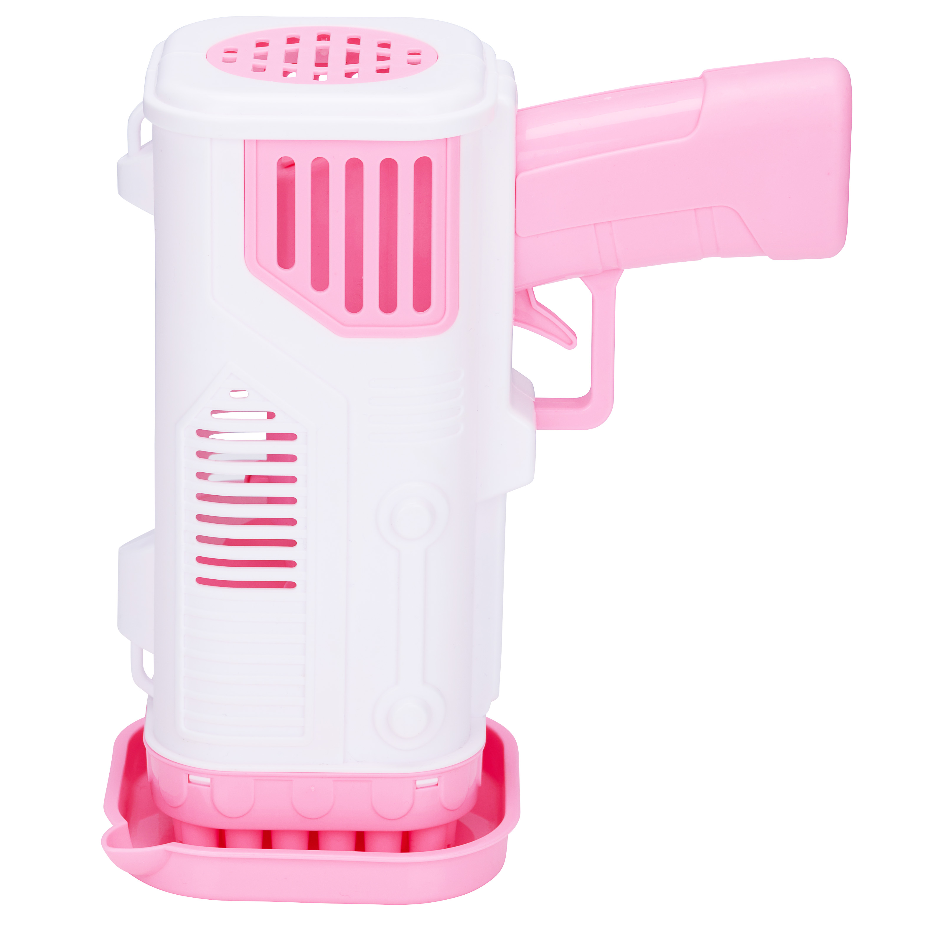 A pink and white bubble gun with a bubble solution container.