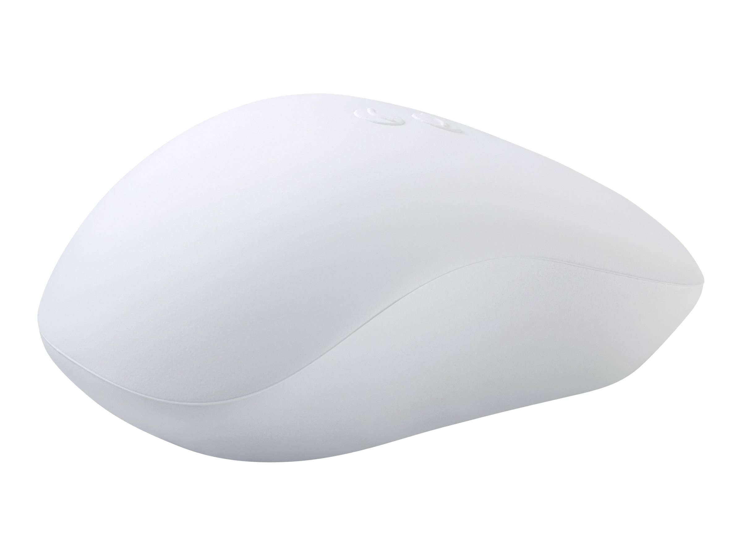 Mouse per computer bianco, ovale. Due pulsanti in alto. Sfondo bianco.