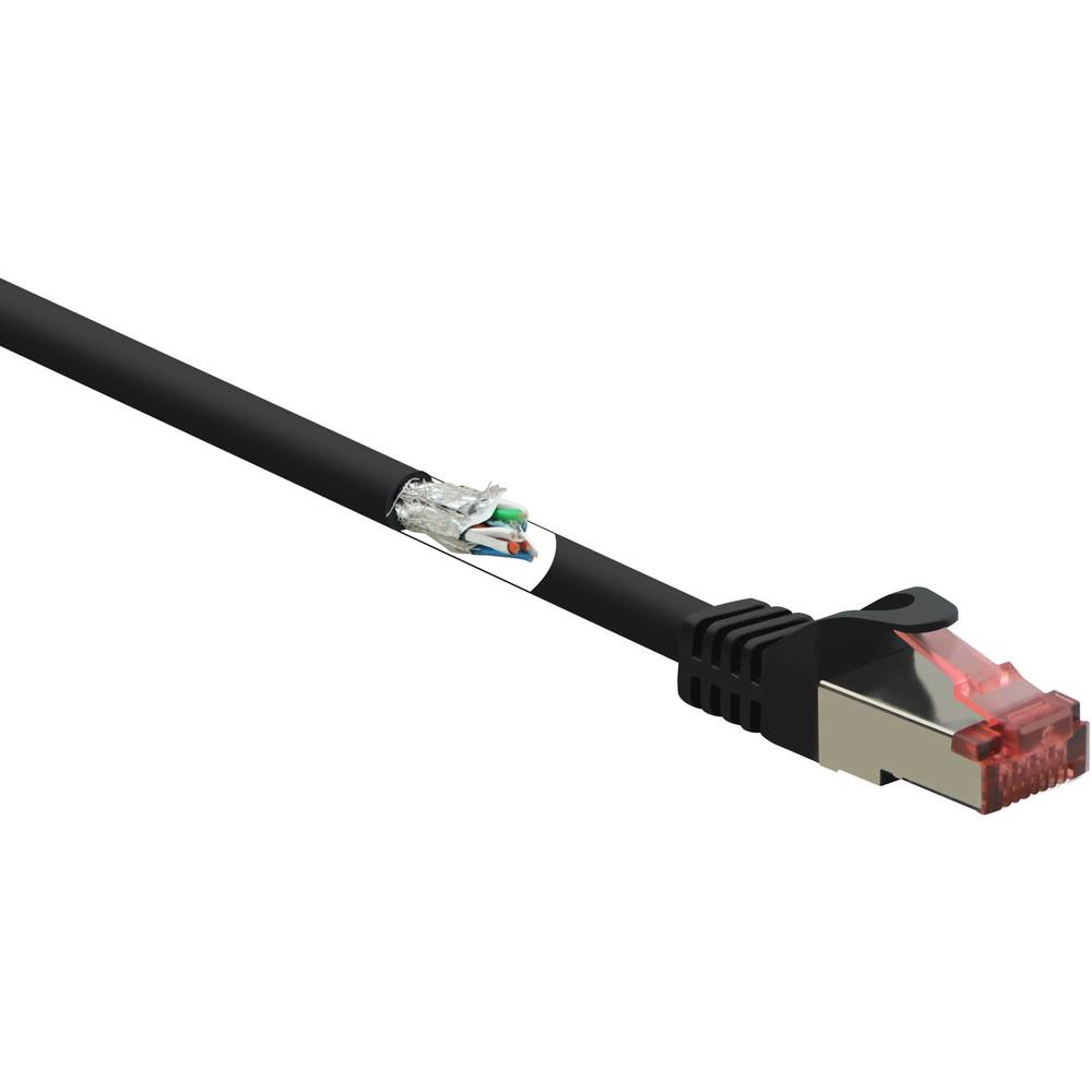 Cavo Ethernet nero con connettore rosso. Fili visibili.