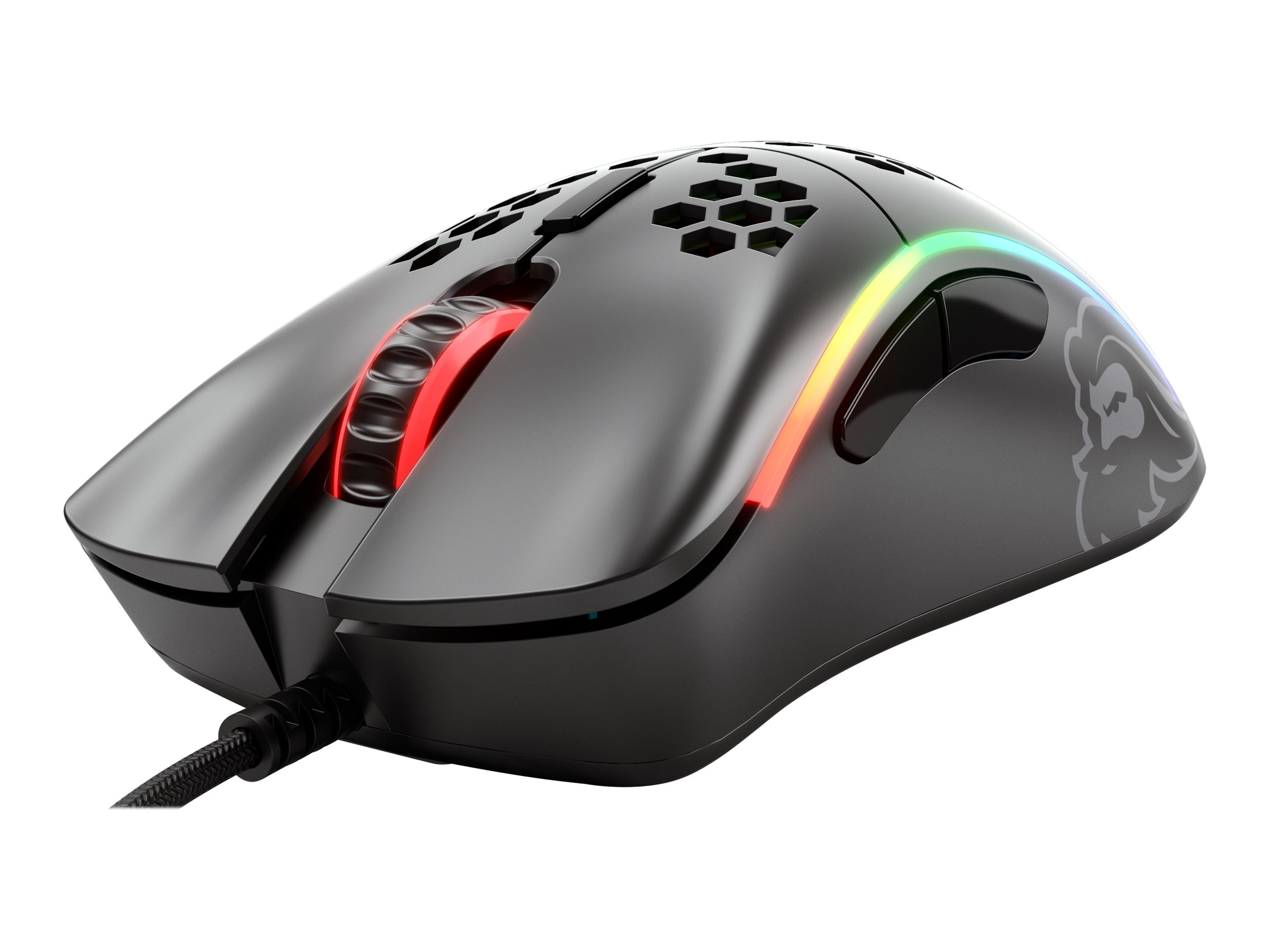 Czarna mysz do gier z podświetleniem RGB i wzorem plastra miodu. Czerwone kółko.