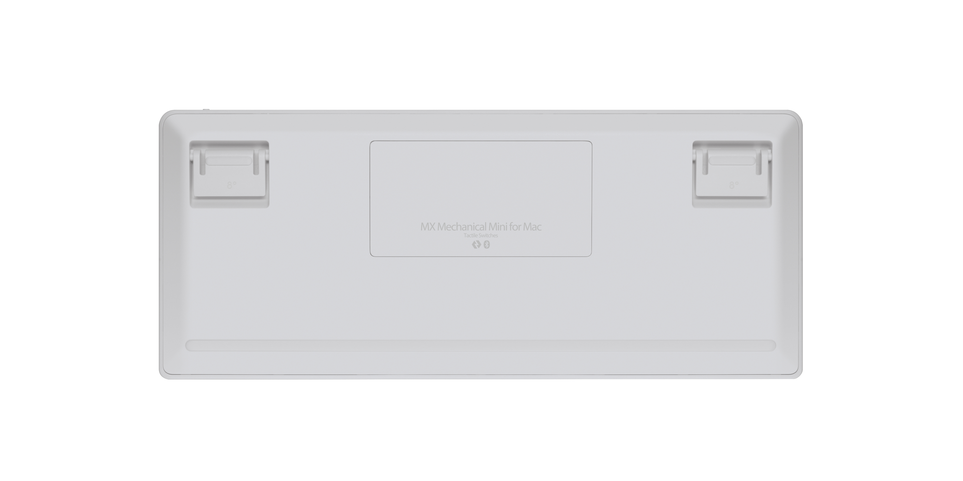 Vista inferior de un teclado blanco, con la etiqueta "MX Mechanical Mini".