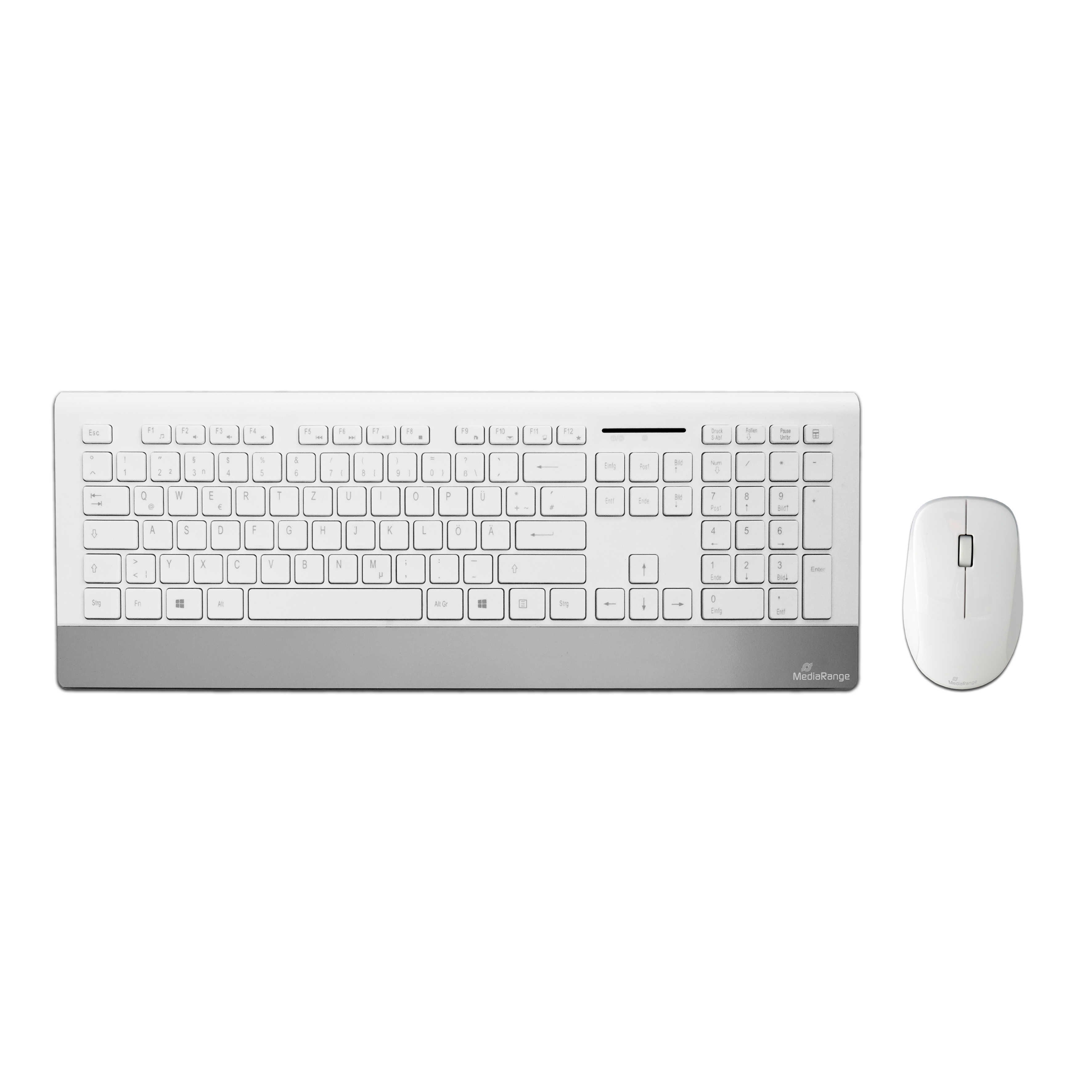 Set tastiera e mouse bianchi. La tastiera ha una striscia argentata e il mouse è bianco.