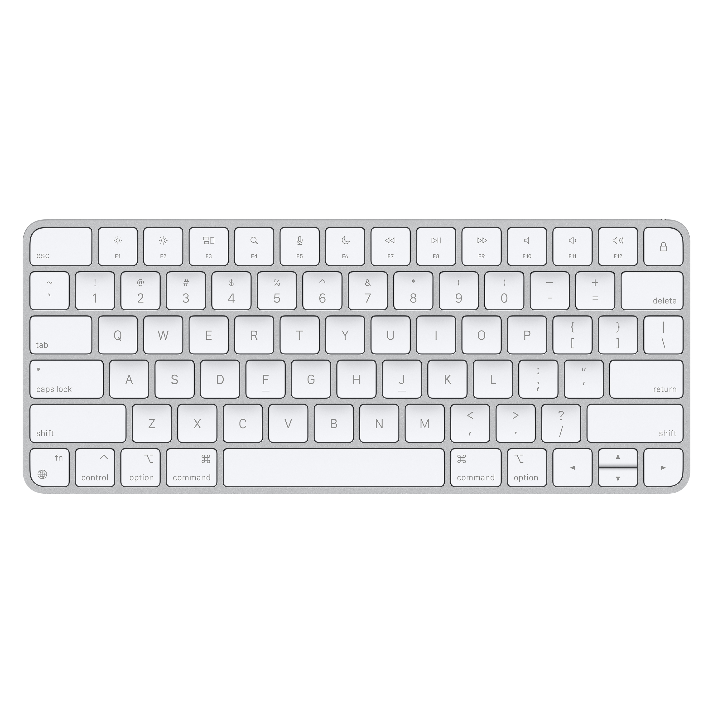 Zilveren Apple-toetsenbord met witte toetsen, bovenaanzicht, geïsoleerd.