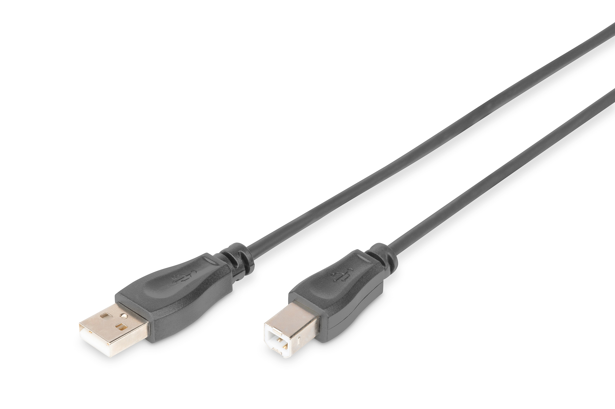 Cavo USB nero con connettori USB-A e USB-B, su una superficie bianca.