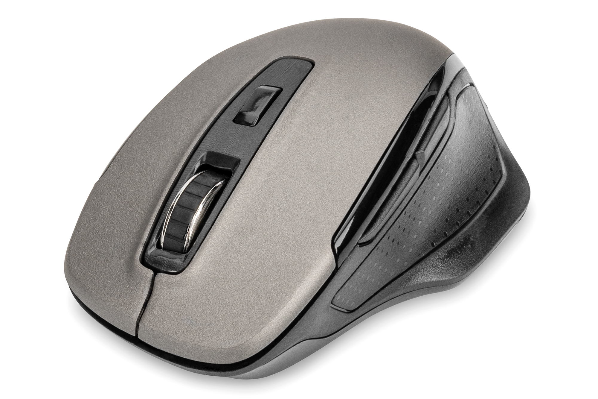 Un mouse wireless grigio con rotella di scorrimento e pulsanti, isolato su sfondo bianco.