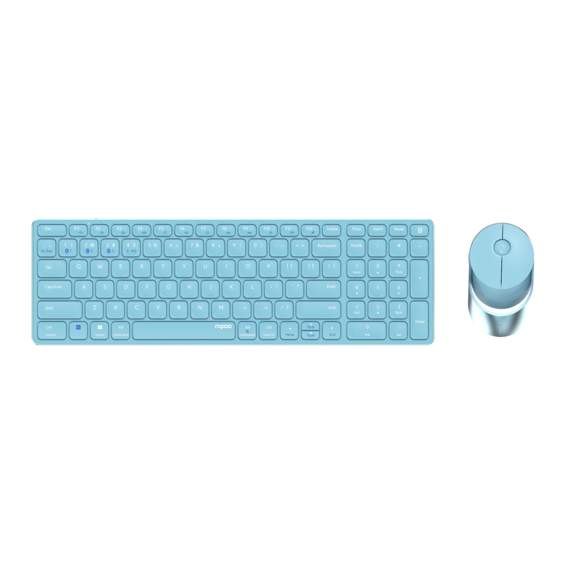Set tastiera e mouse azzurro. Tastiera con tasti, mouse circolare.