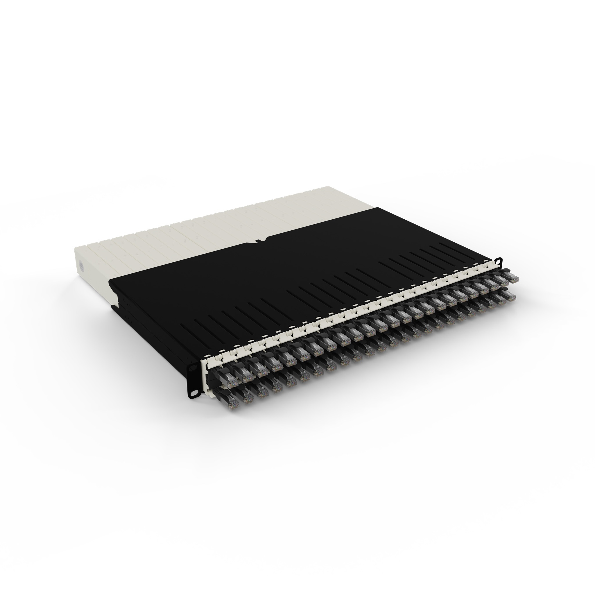Un dispositivo di rete bianco e nero, con molti slot per connettori.