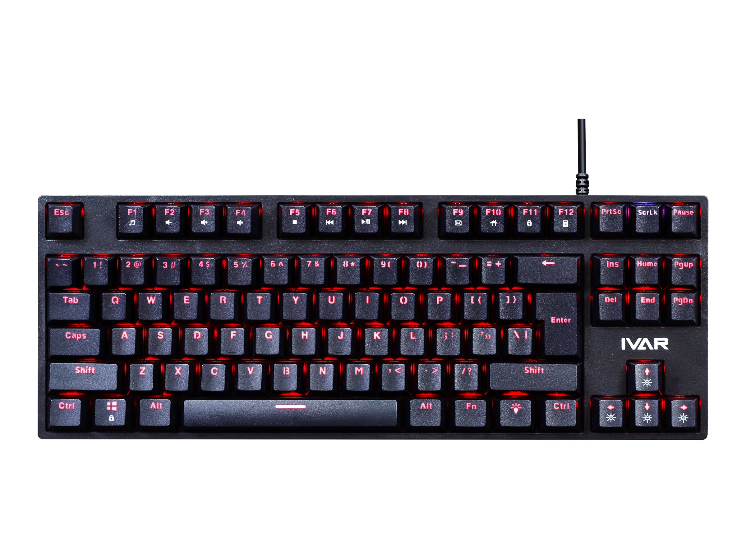 Schwarze Tastatur mit rot beleuchteten Tasten und schwarzem Kabel. Die Marke ist IVAR.
