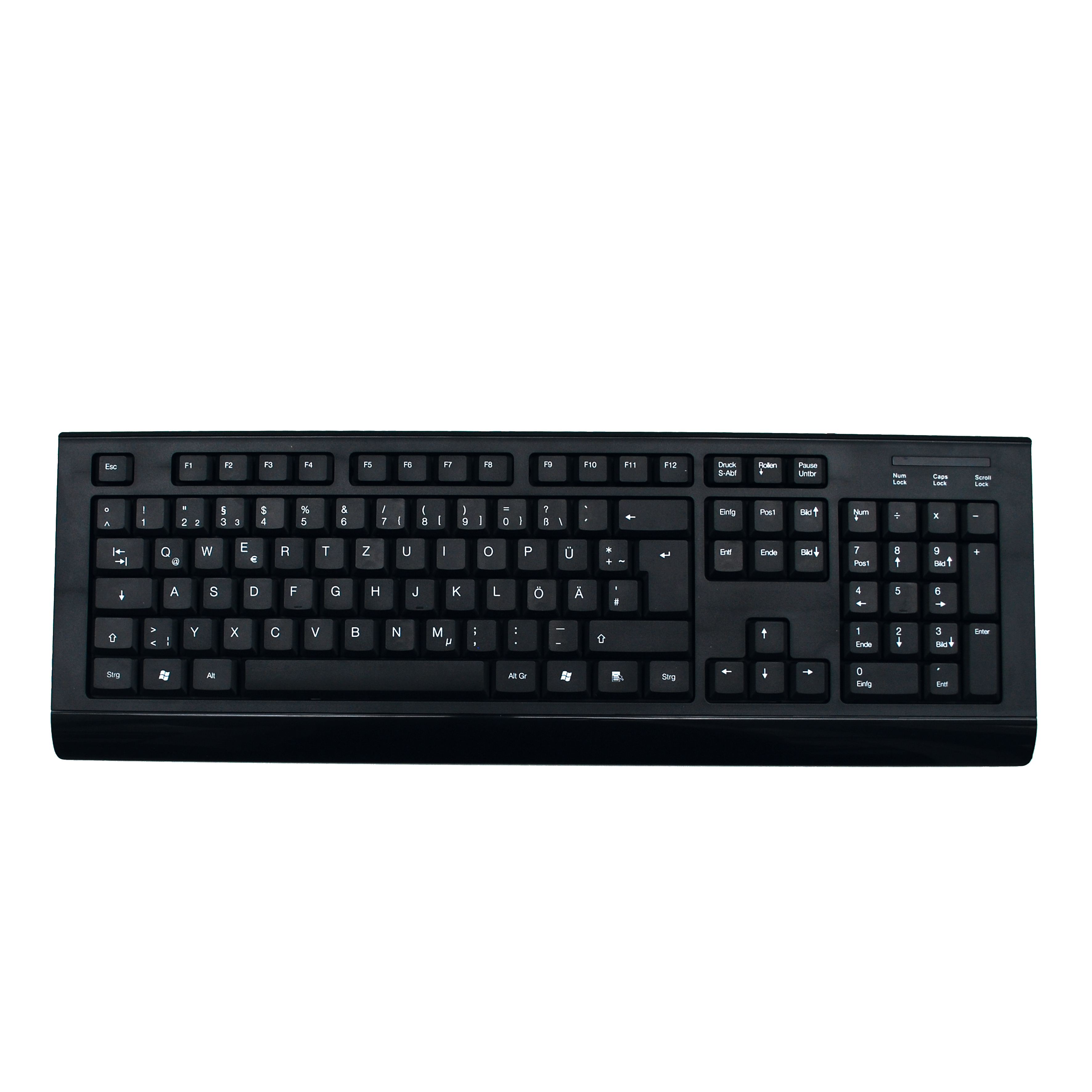 Schwarze Computertastatur mit Standardtasten, isoliert auf weißem Hintergrund.