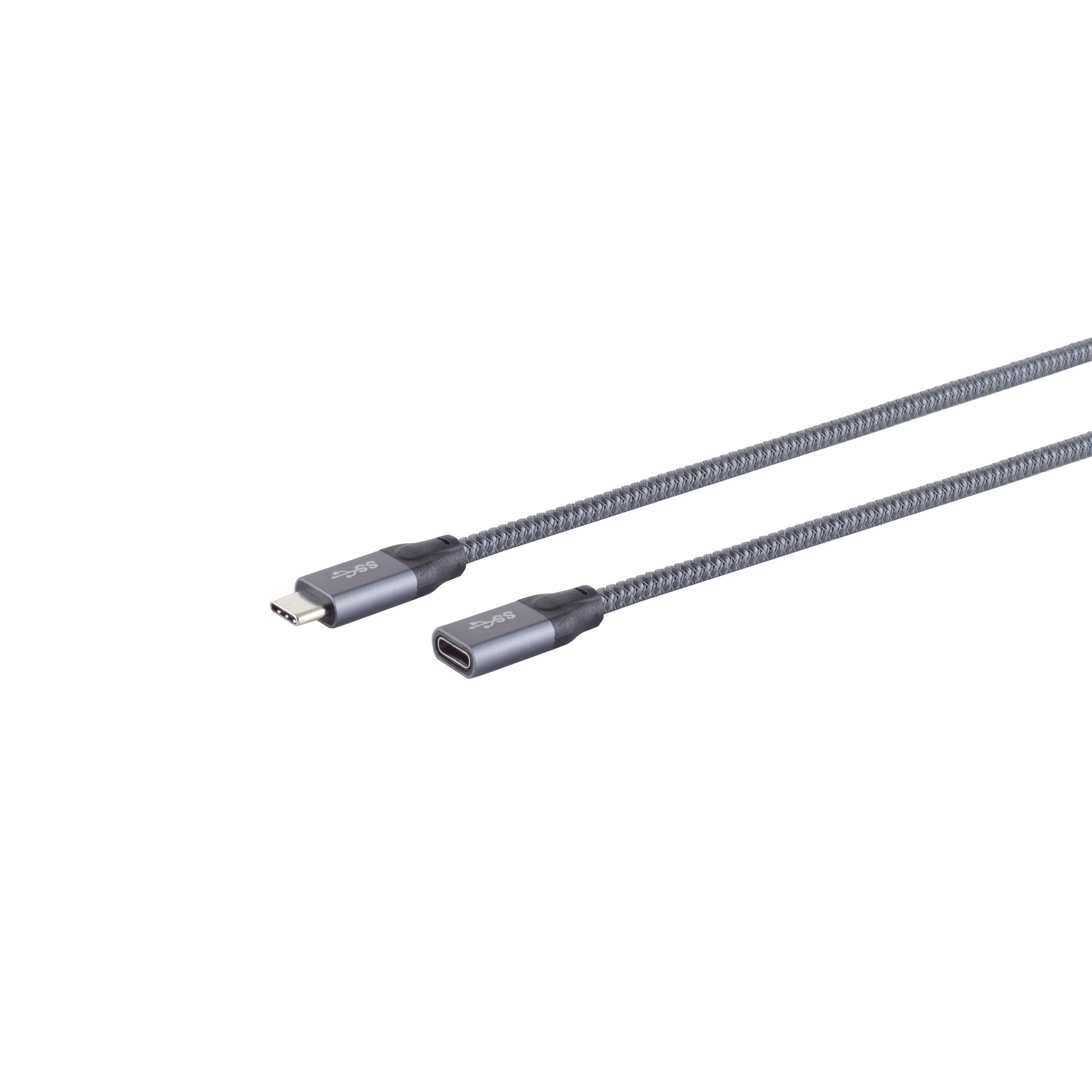 Cavo USB-C grigio. Un'estremità è un connettore USB-C. È su sfondo bianco.