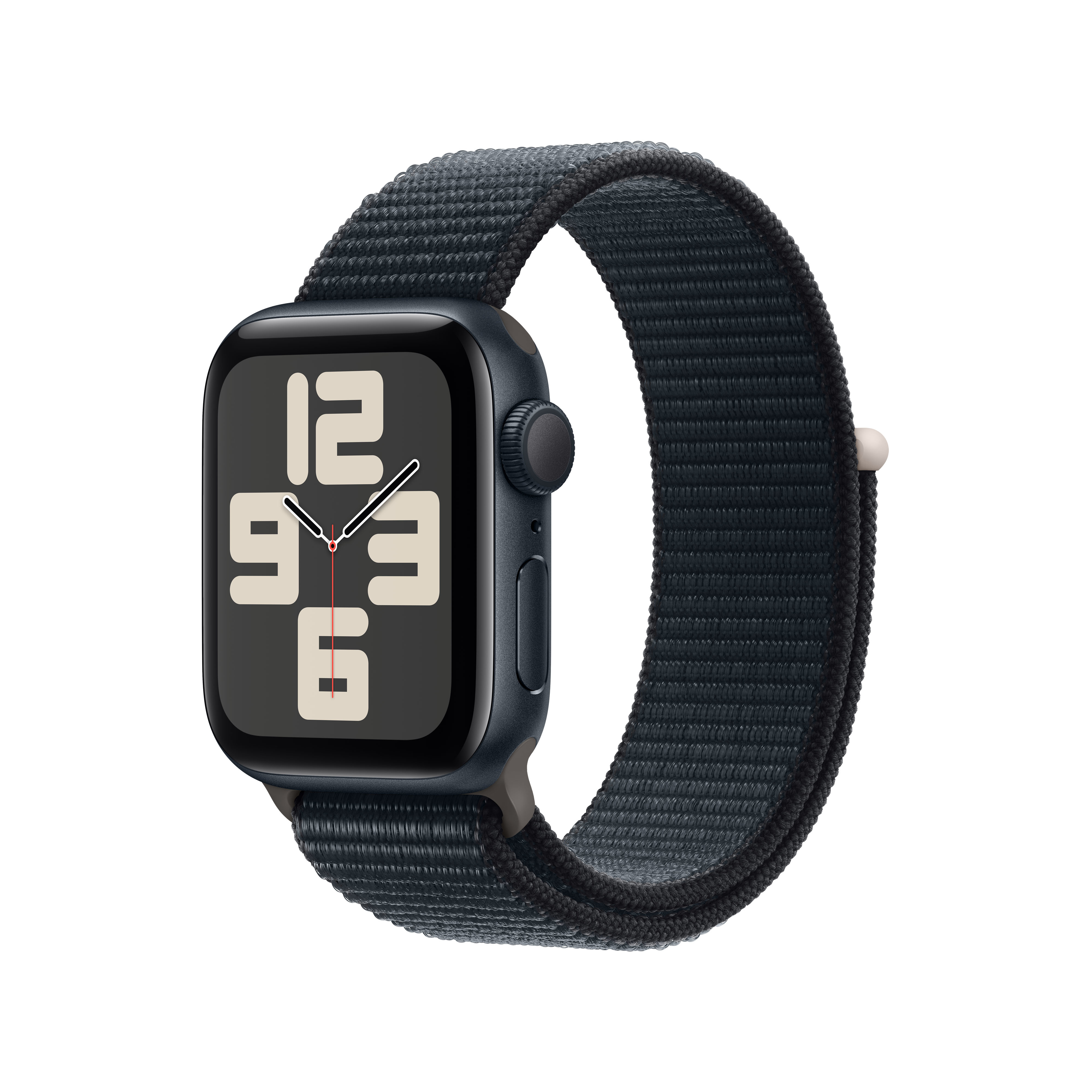 Apple Watch nera con cinturino sport loop nero. Il quadrante mostra l'ora e la data.