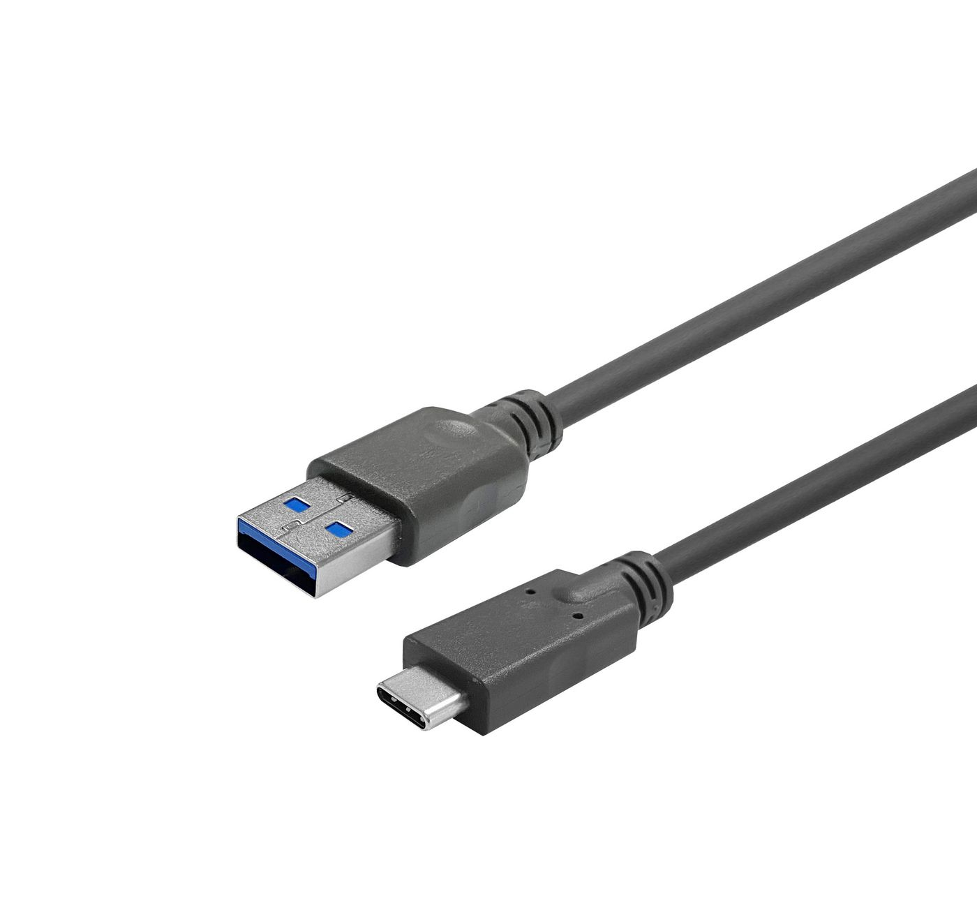 Grijze USB naar USB-C kabel. Eén uiteinde is USB-A, de andere USB-C. Witte achtergrond.
