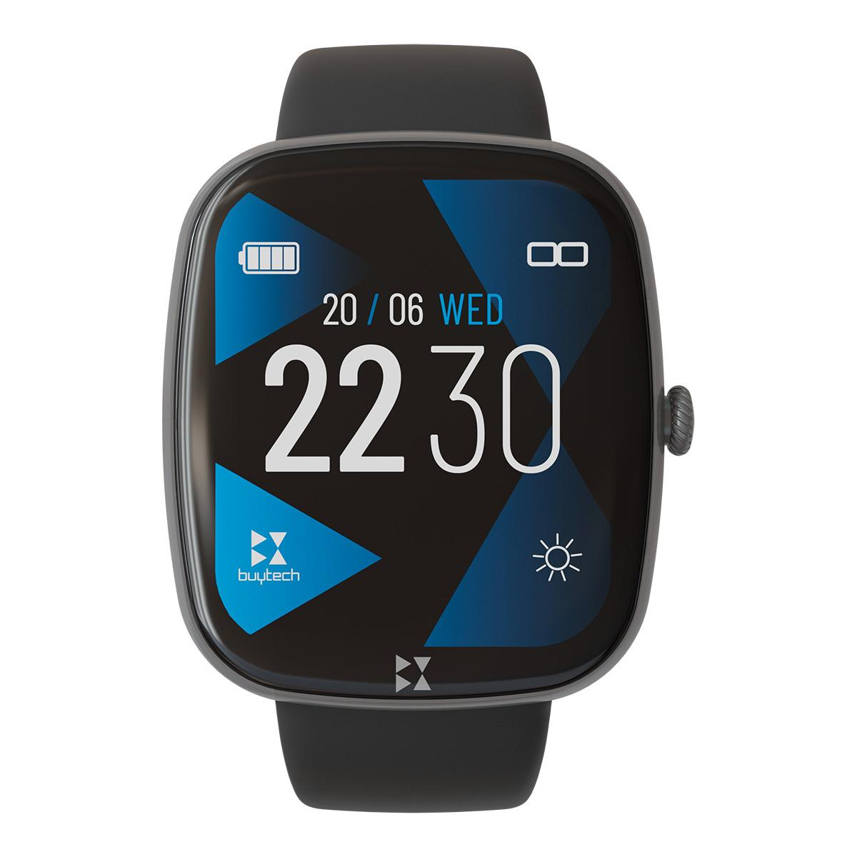 Smartwatch nero con display digitale che mostra data e ora. Cinturino nero.