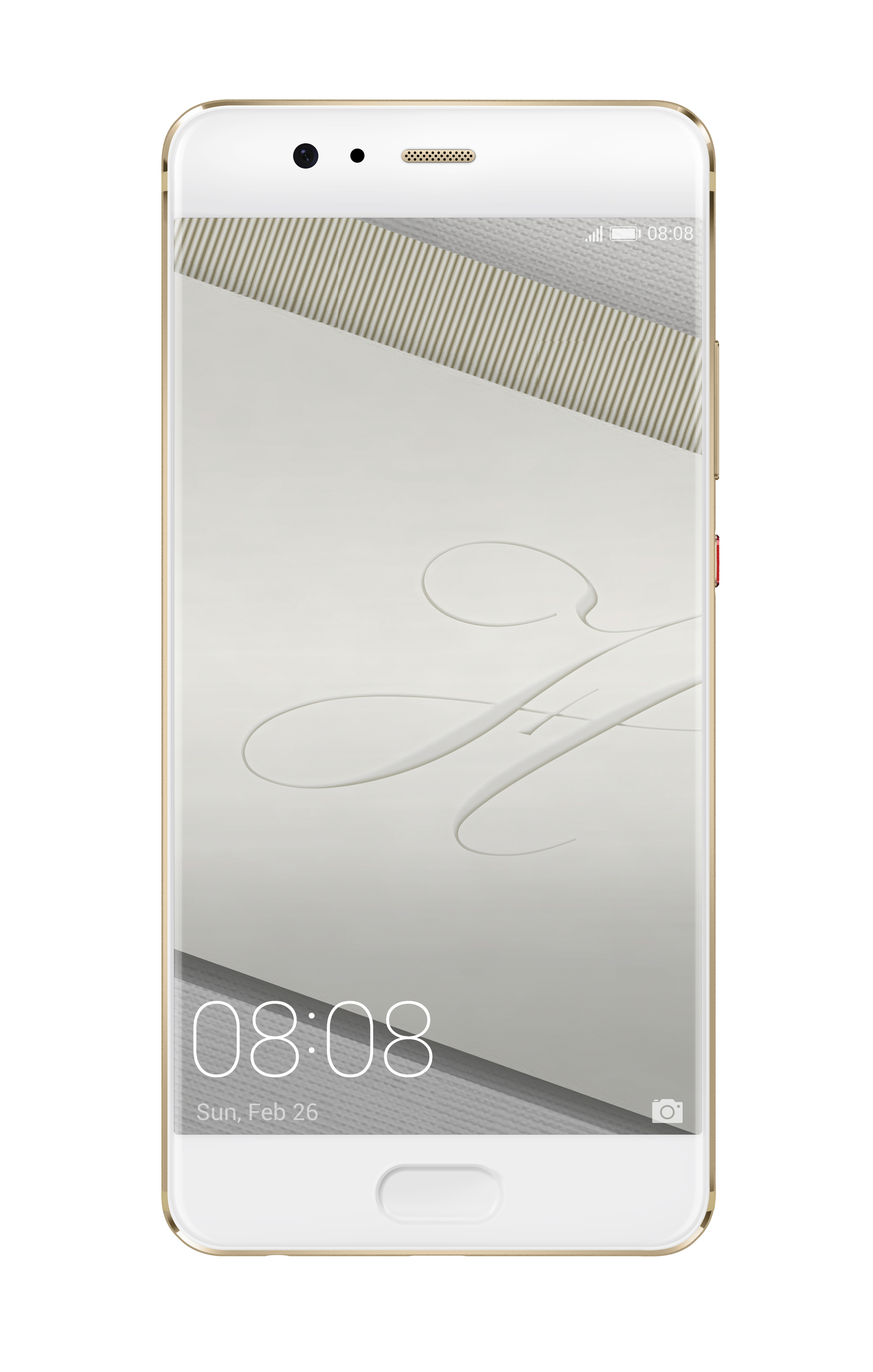 Weißes Smartphone mit Goldkanten, Anzeige von Uhrzeit und Datum.