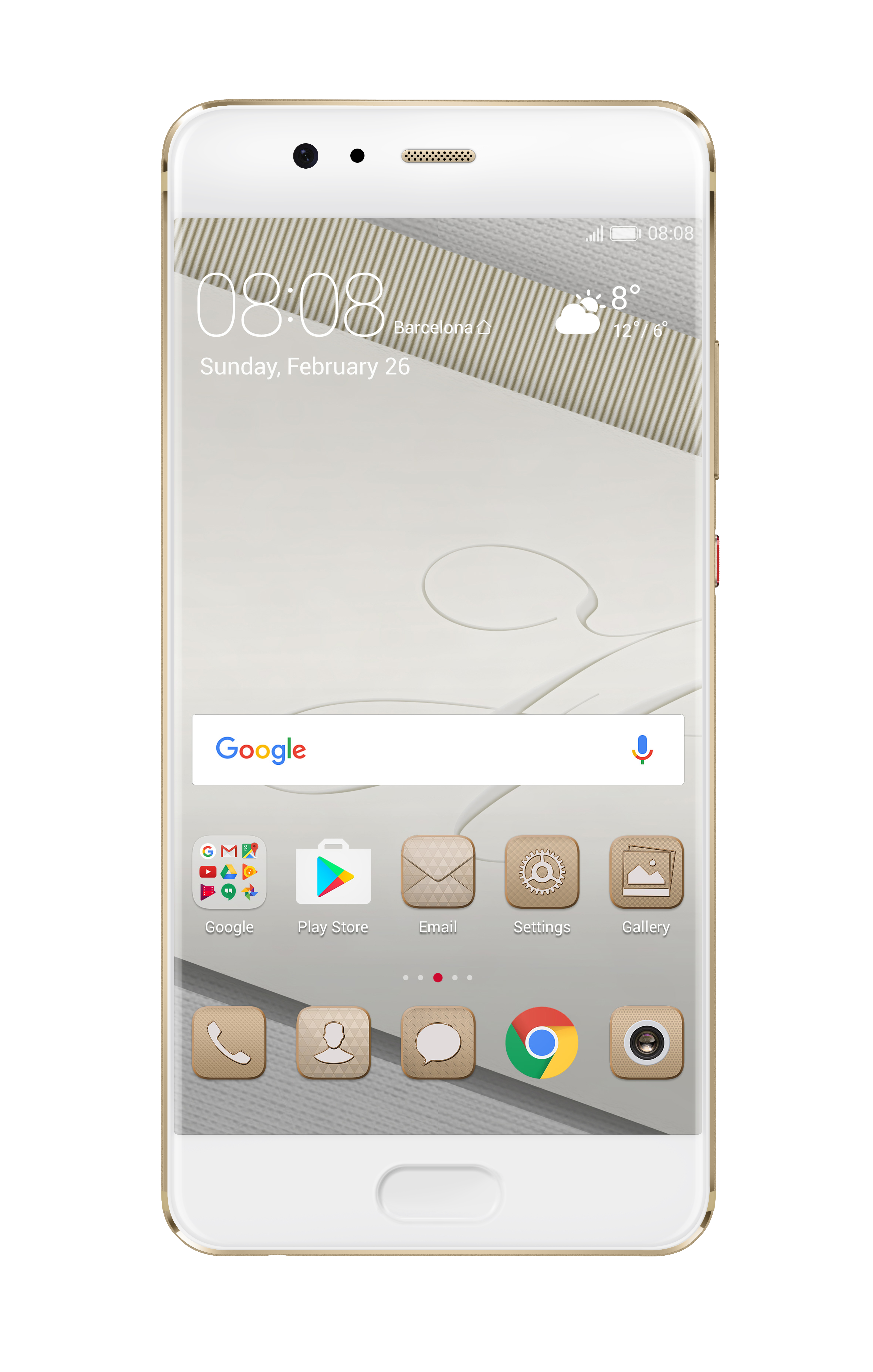 Weißes Smartphone mit weißem Bildschirm, der App-Symbole und Google-Suchleiste zeigt.