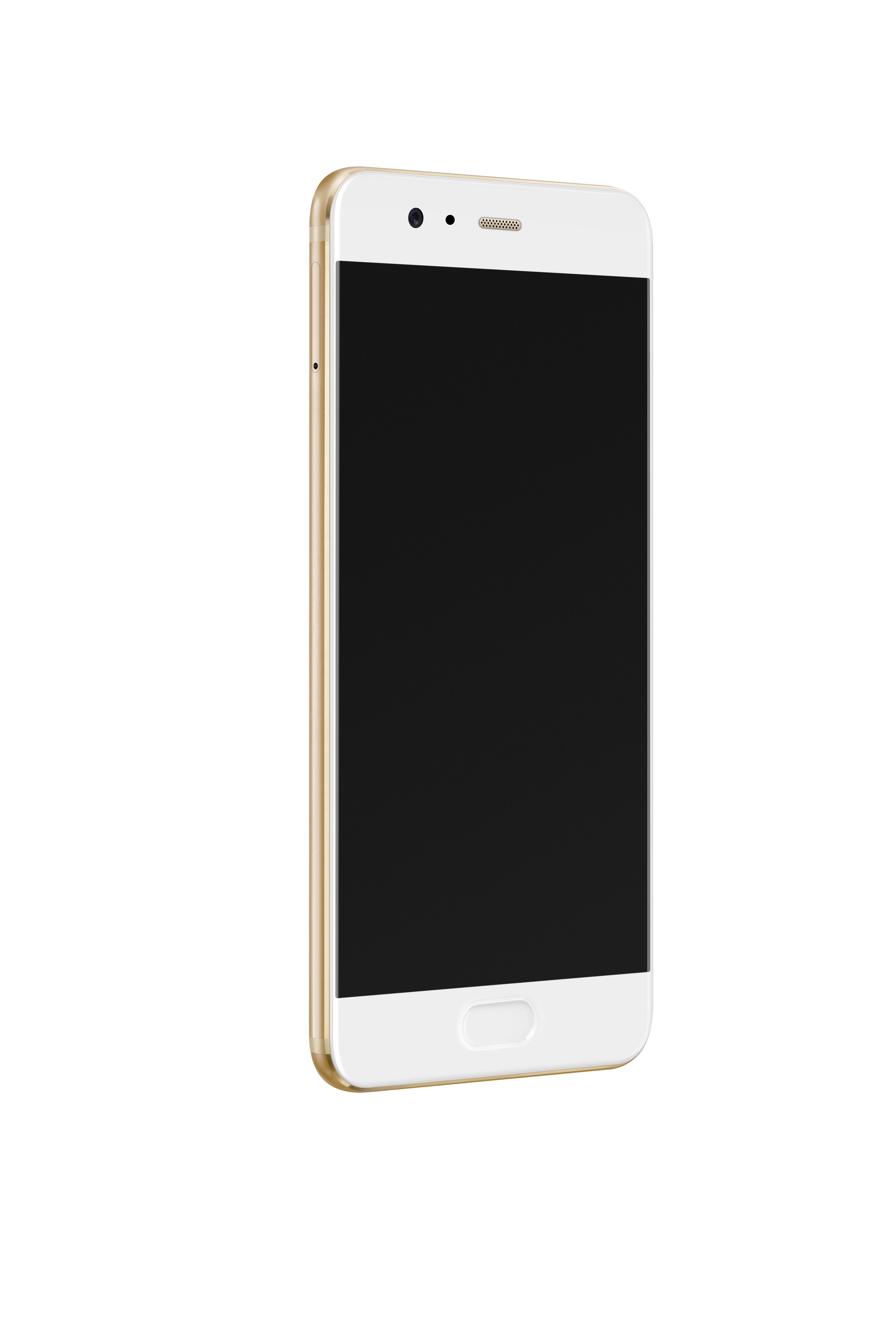Ein gold-weißes Smartphone mit schwarzem Bildschirm, isoliert auf Weiß.