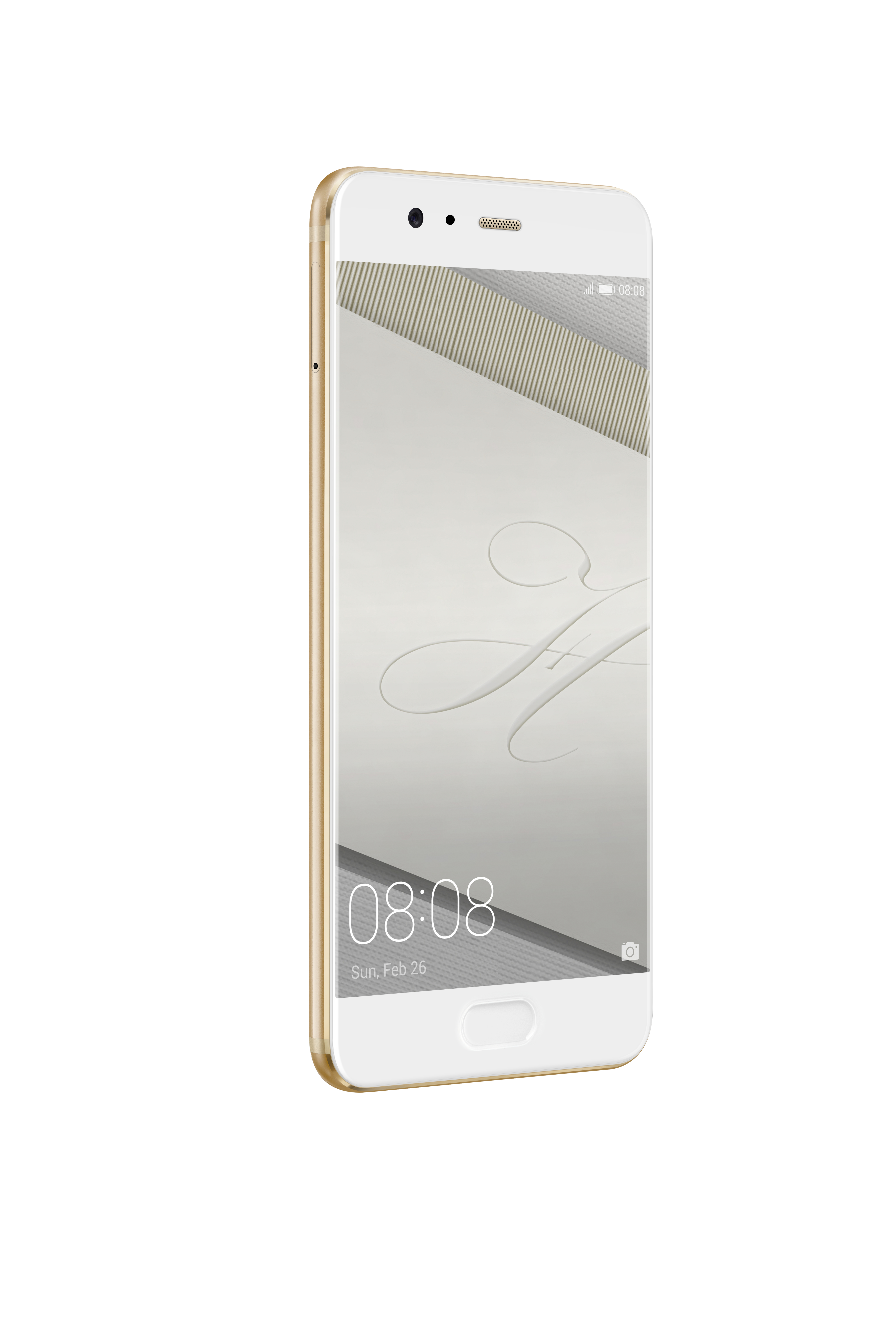 Weißes und goldenes Smartphone mit weißem Bildschirm, der ein Muster zeigt, isoliert.