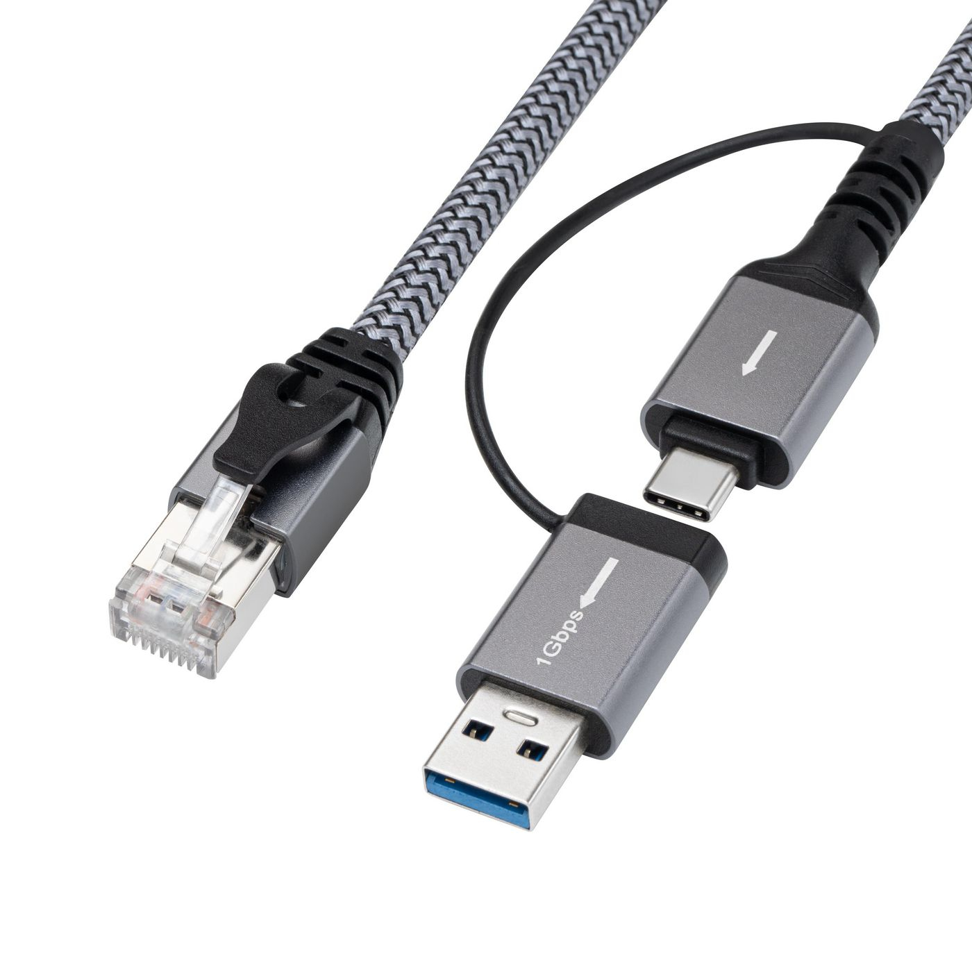 Cavo con connettori RJ45 e USB-A a USB-C. Cavo intrecciato grigio e nero.