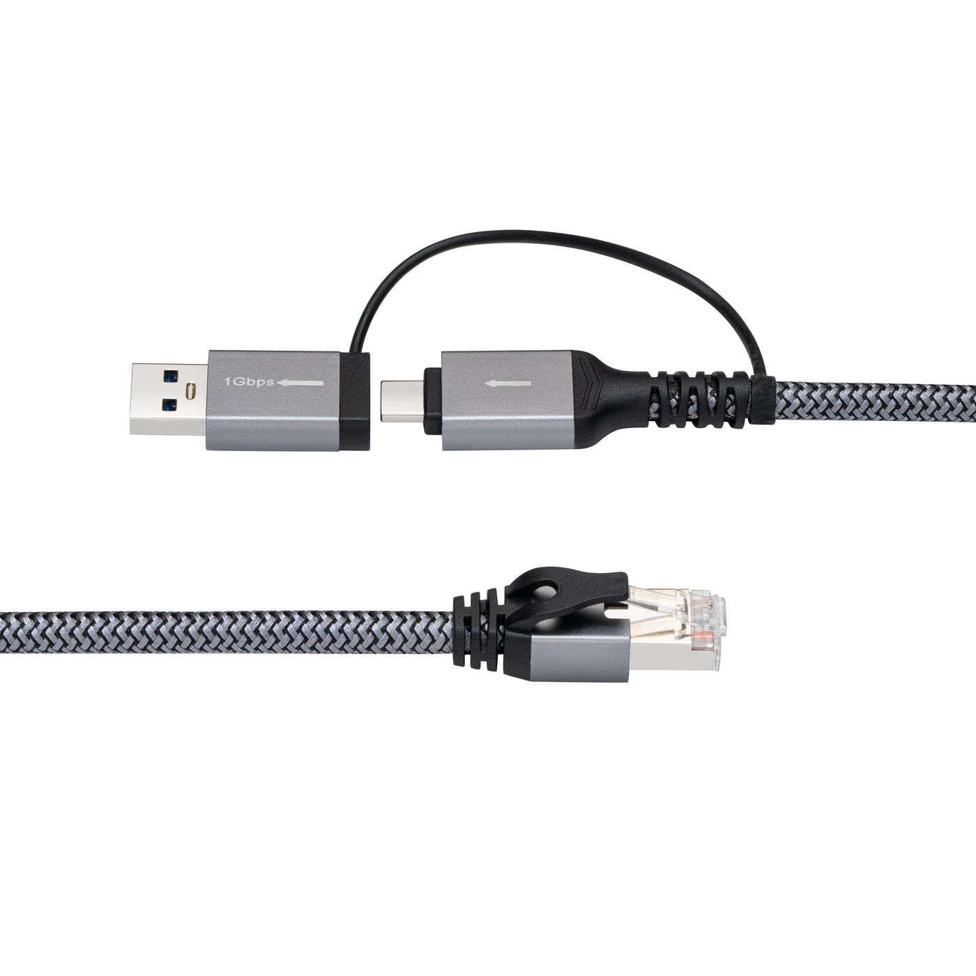 Cavo USB ed Ethernet, nero e grigio, su bianco.