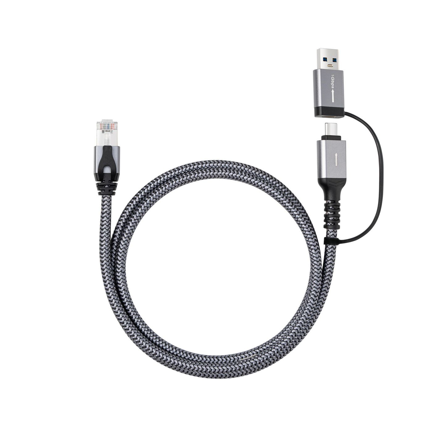 Un cavo di rete con connettore USB e USB-C. Il cavo è grigio e nero.