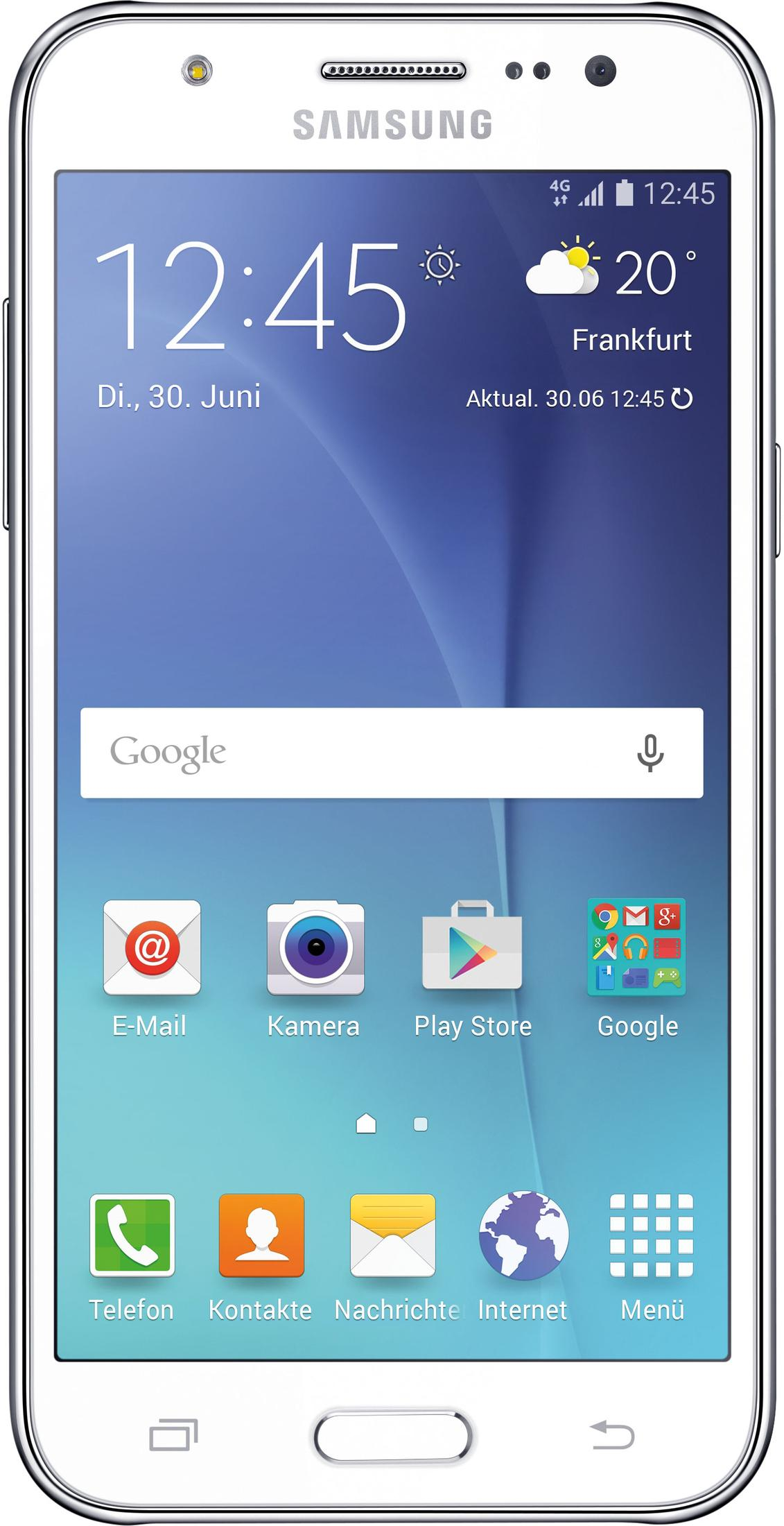 Weißes Smartphone mit Bildschirm, der Uhrzeit, Datum und App-Symbole zeigt.