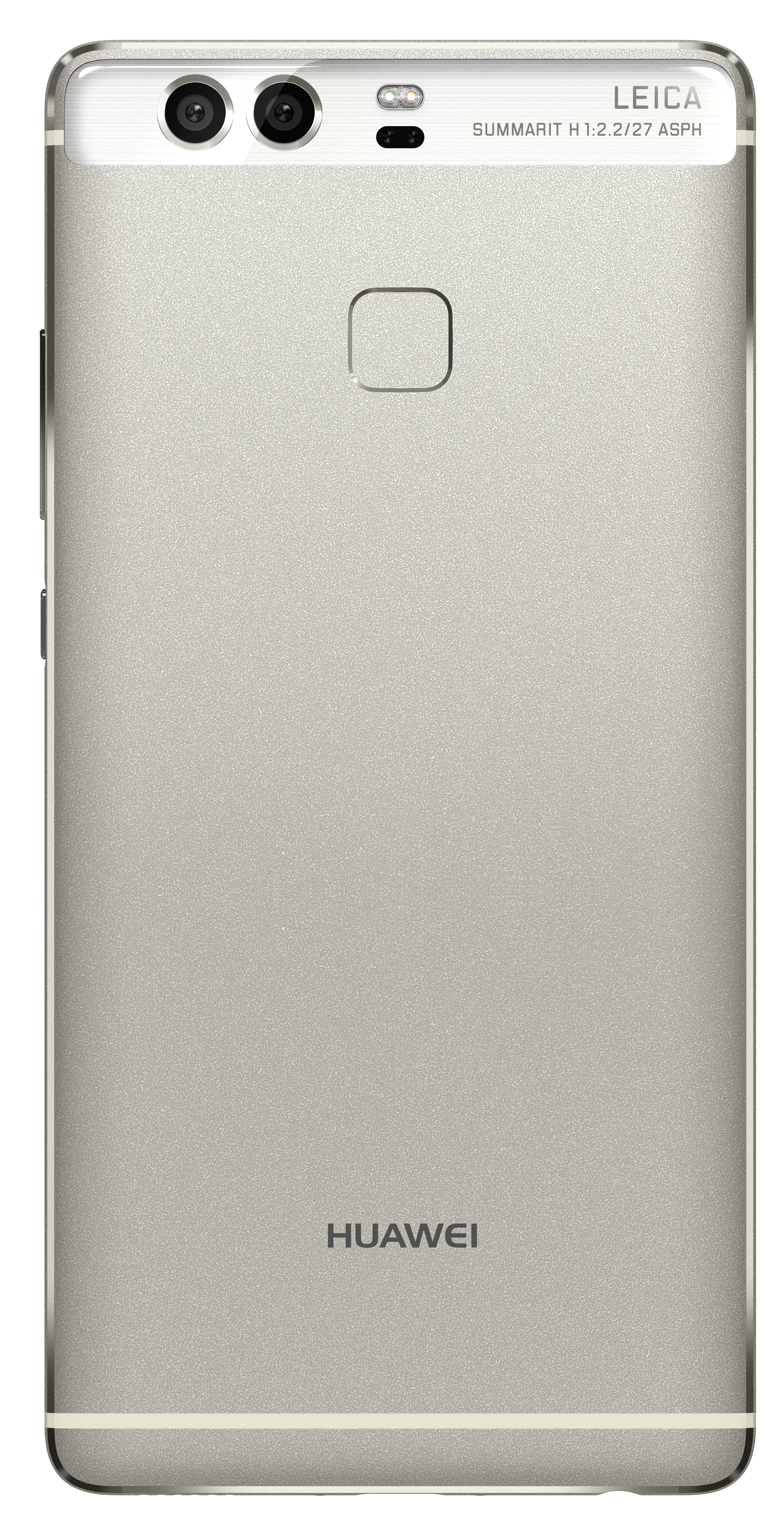 Rückseite des silbernen Huawei-Telefons, Leica-Kamera-Branding, mit Doppel-Kameras und Blitz.