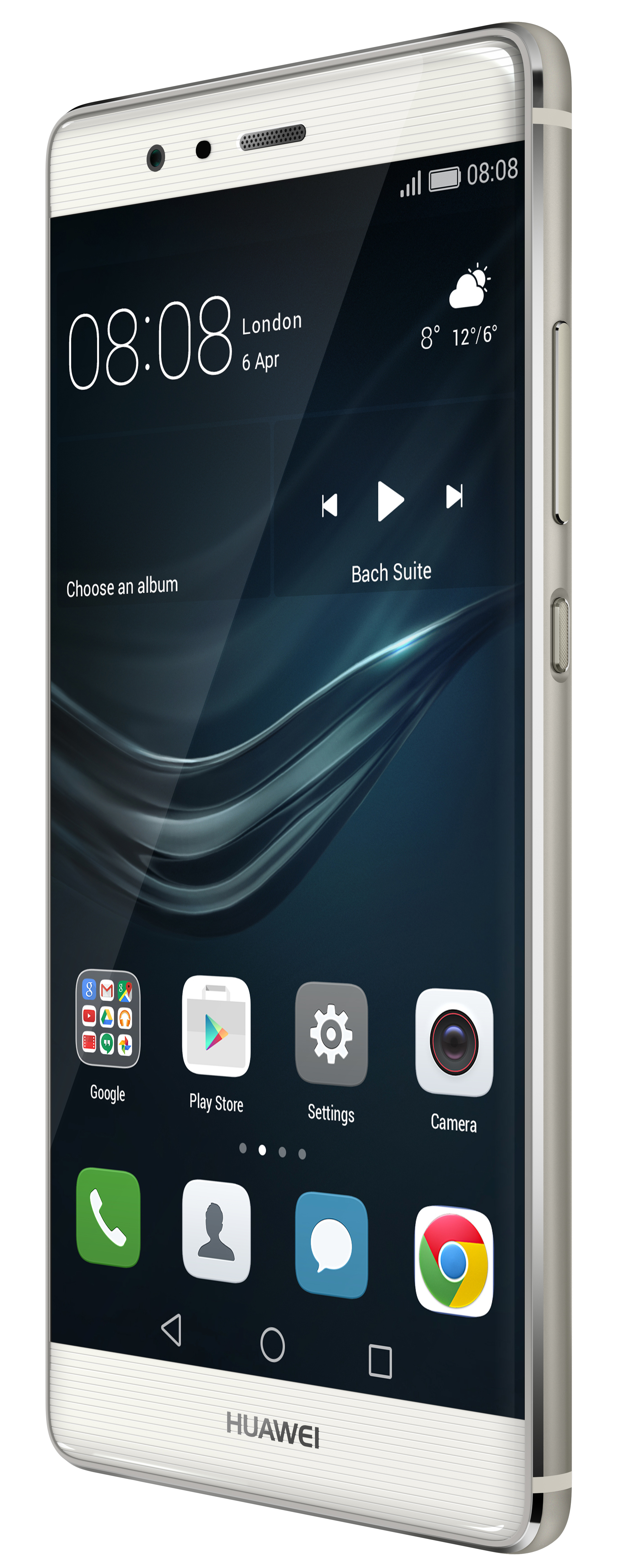 Weißes Telefon mit Bildschirm, der Zeit, Datum und App-Symbole anzeigt, schräge Ansicht.