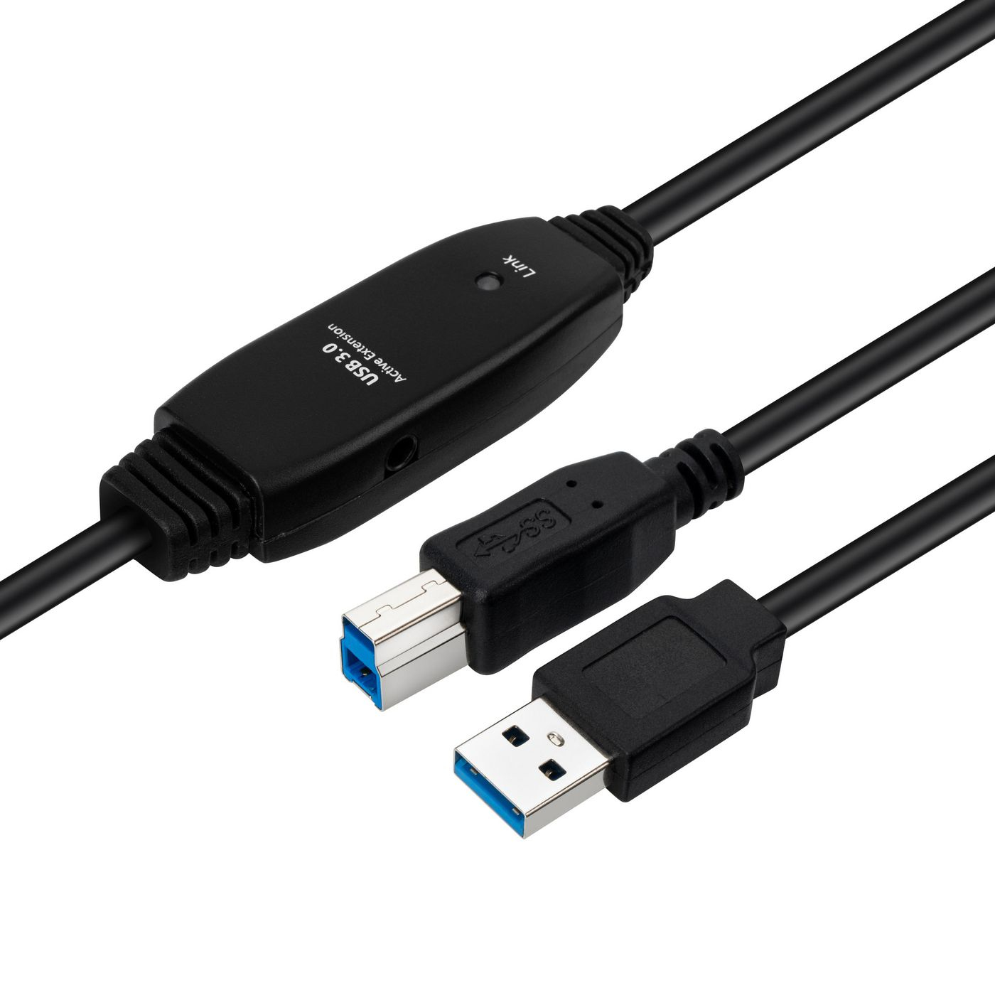 Câble USB noir avec composant de transfert de données et connecteurs USB.