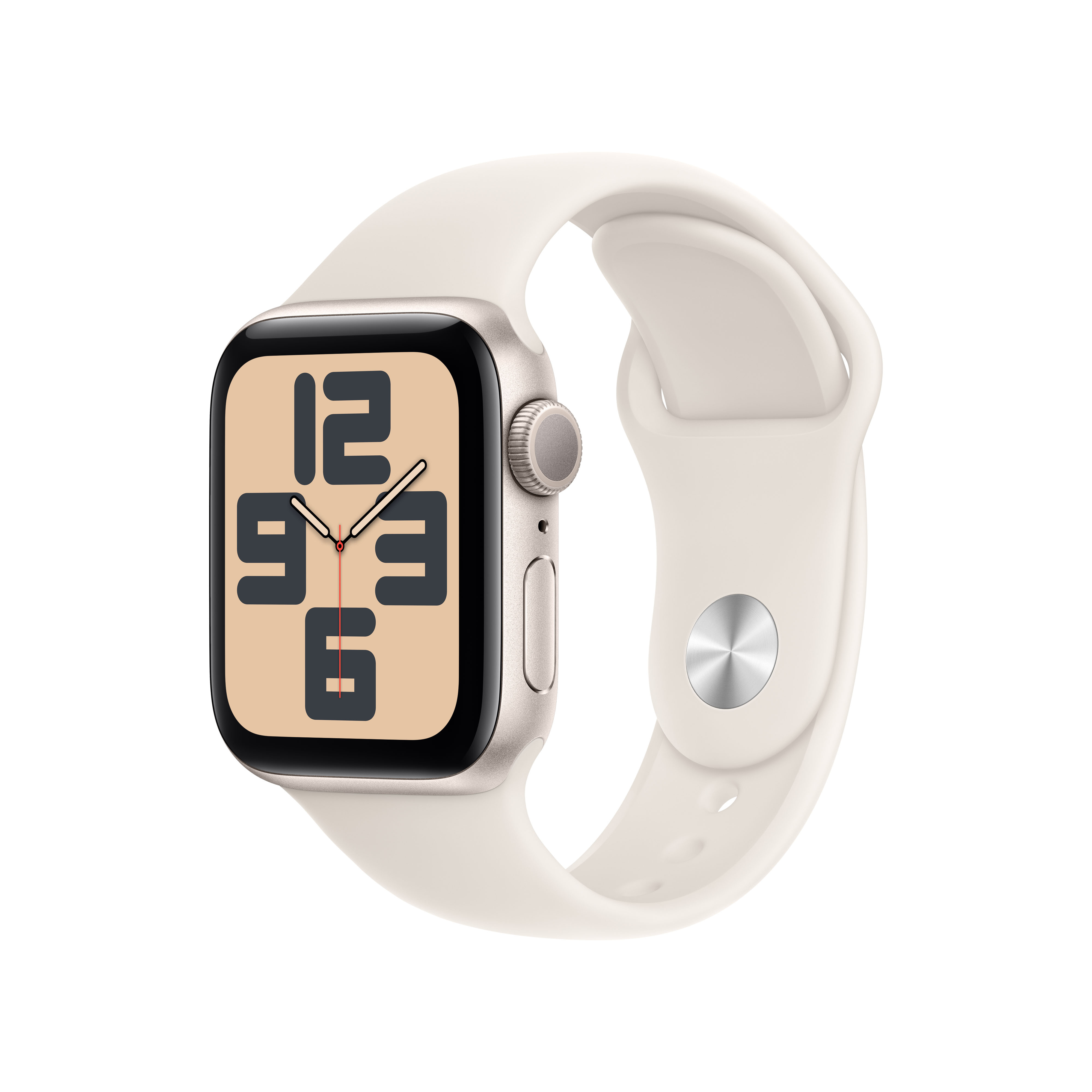 Beżowy Apple Watch z kremowym paskiem. Ekran wyświetla cyfry. Białe tło.