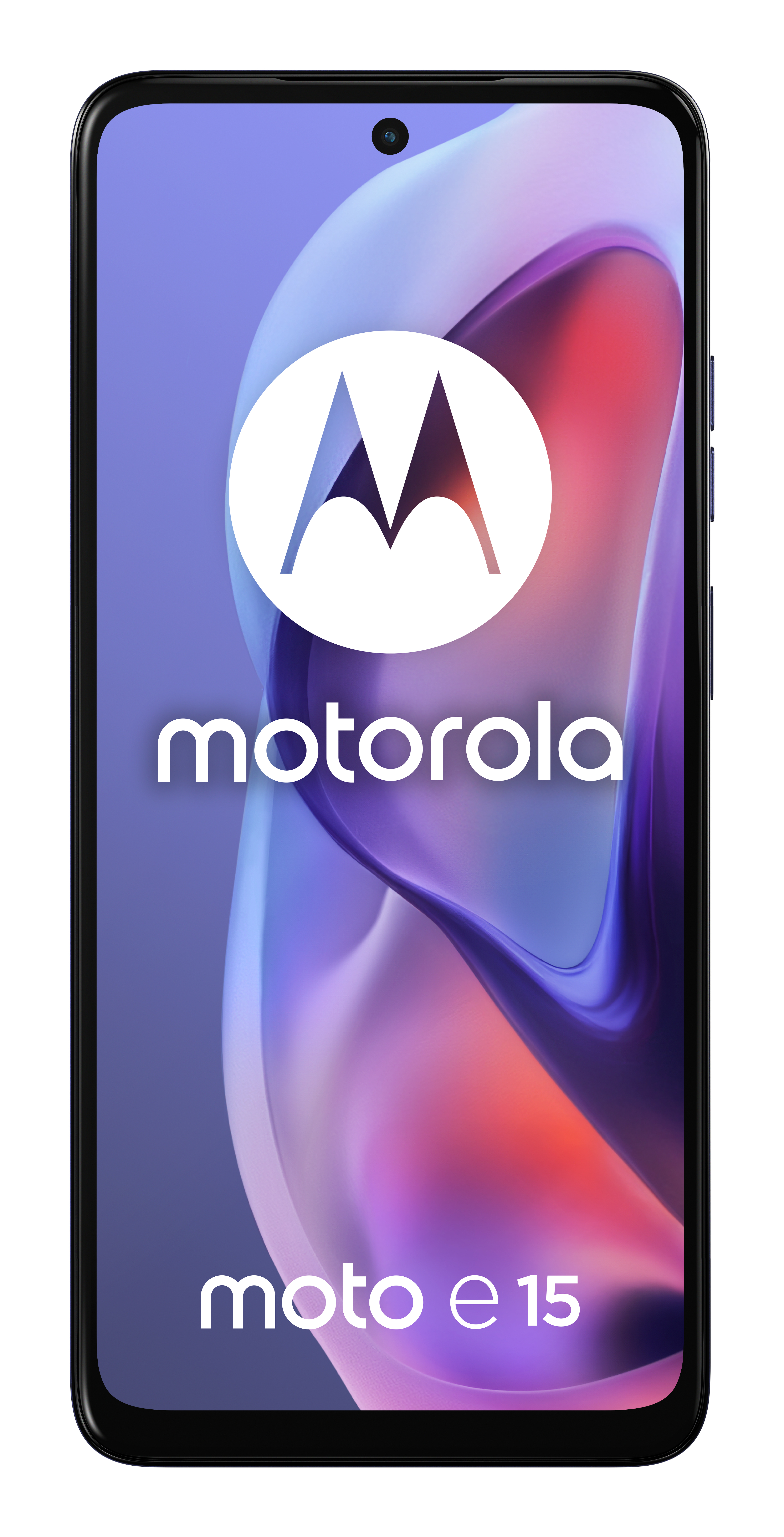 Motorola Moto e15 smartphone with a purple and pink gradient back, large screen.