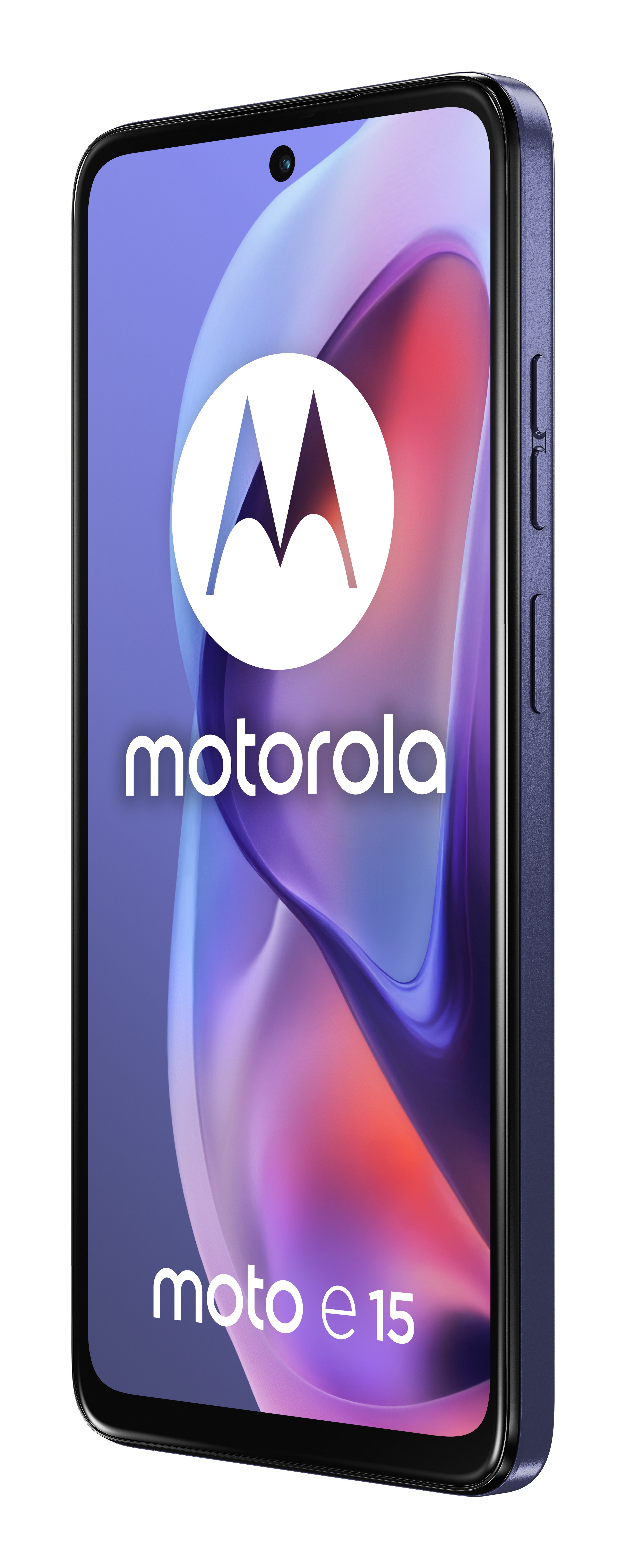 A blue Motorola smartphone angled, displaying the brand logo and moto e15 model name.